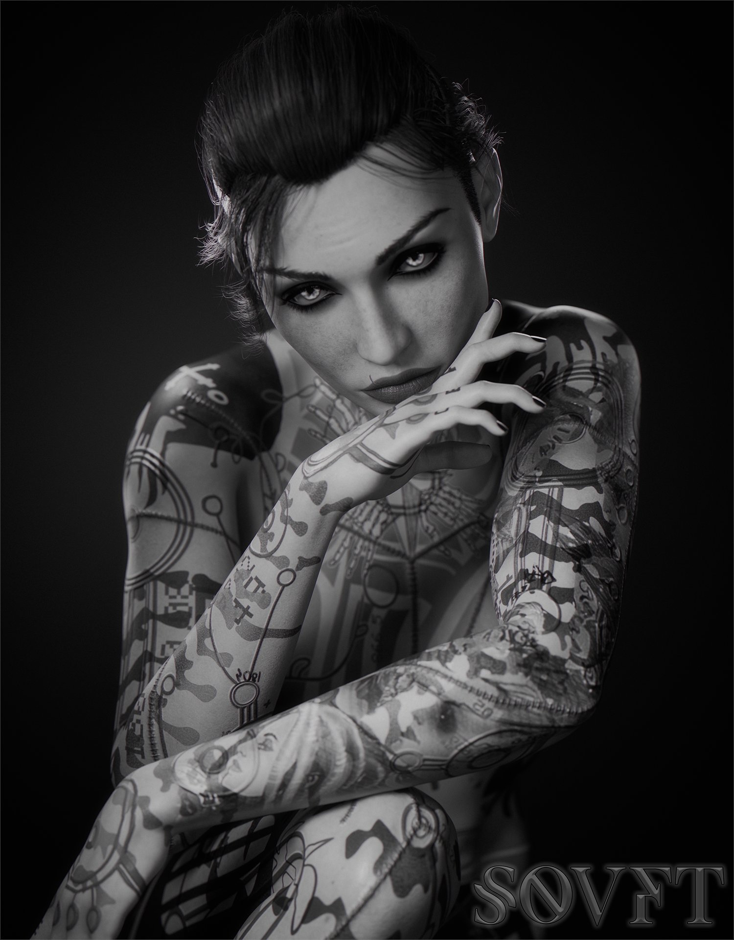 3d, 3d (artwork), female, greyscale, jack (mass effect), mass effect, pinup, sovftwarensfw, subject zero