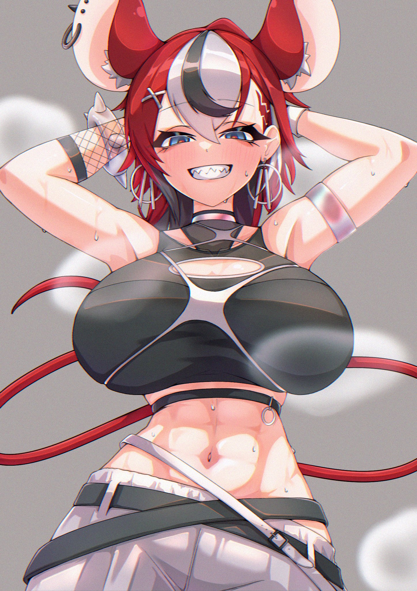1girls, 4 ears, abs, animal ears, armband, armpit peek, armpits, arms behind head, arms up, asymmetrical armwear, athletic, athletic female, belt, big breasts, black hair, blush, blushing, breasts, cleavage cutout, crop top, eye shadow, female, fishnet armwear, fishnets, hair between eyes, hairclip, hakos baelz, hakos baelz (snake eyes), hands behind head, hololive, hololive english, hololive english -council-, hololive english -promise-, huge breasts, inner ear fluff, kemonomimi, large breasts, light skin, light-skinned female, looking at viewer, looking down, make up, midriff, mouse ears, mouse tail, multicolored hair, multiple belts, navel, nyang-kaz, pants, pierced ears, rat ears, rat tail, red hair, sharp teeth, simple background, sleeveless, sleeveless shirt, smiling, solo, solo focus, sweat, sweat clouds, sweaty, sweaty face, teeth, tied hair, toned, toned female, virtual youtuber, white hair