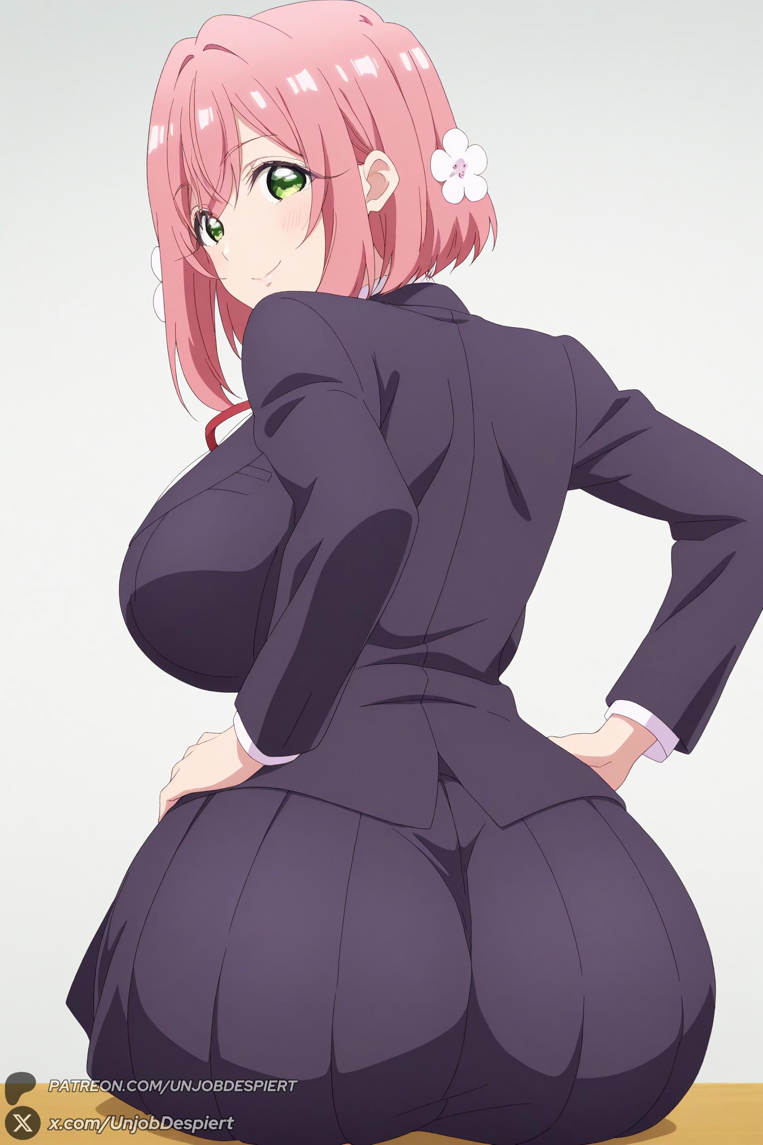 100 kanojo, 1female, 1girl, 1girls, 2026, ai generated, artist name, ass, bangs, big ass, big breasts, black jacket, black skirt, blazer, blush, breasts, closed mouth, curvy, female, female only, flower, from behind, green eyes, hair flower, hair ornament, hanazono hakari, hi res, high quality, high resolution, highres, huge ass, huge breasts, jacket, large breasts, long sleeves, looking at viewer, looking back, patreon, patreon username, pink hair, pleated skirt, school uniform, short hair, sitting, skirt, smile, solo, the 100 girlfriends who really really really really really love you, unjobdespiert, watermark