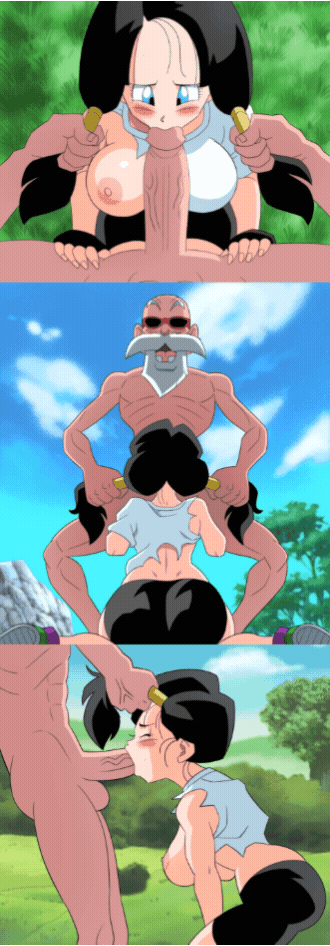 1boy, 1girls, clothing, dragon ball, dragon ball z, master roshi, oral, oral sex, outdoors, pulling hair, ripped clothing, videl, yamamoto doujin