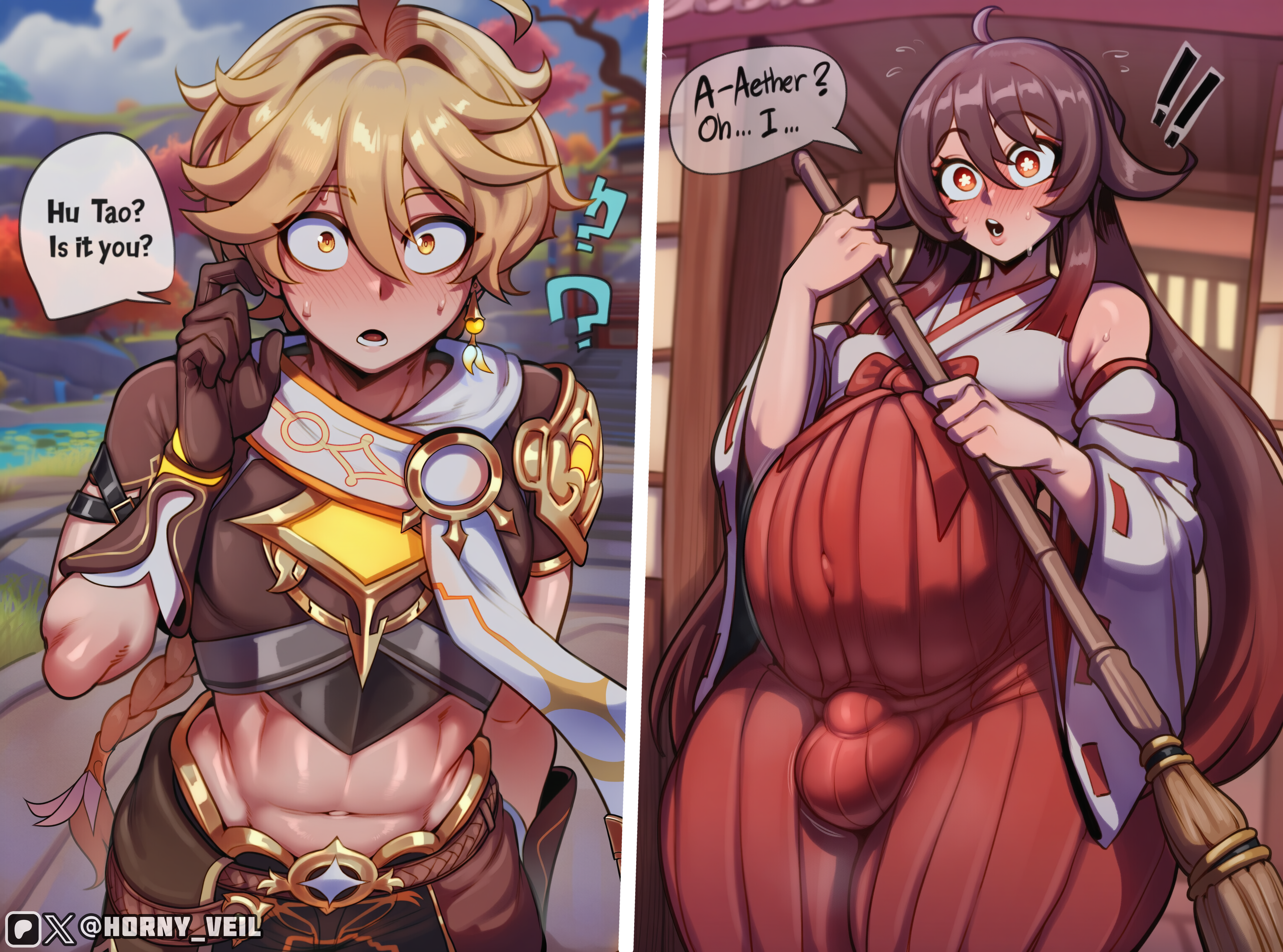 !, !!, ?, 2boys, abs, aether (genshin impact), ahoge, ai, ai art, ai generated, artist name, bare shoulders, big belly, blonde hair, blush, braid, broom, brown hair, bulge, comic, crop top, crossdressing, detached sleeves, earrings, english text, femboy, genderswap, genderswap (ftm), genshin impact, gloves, gradient hair, hair between eyes, hakama, holding, holding broom, horny veil, hu tao (genshin impact), japanese clothes, jewelry, long hair, looking at viewer, midriff, miko, multiple boys, navel, open mouth, otoko no ko, outdoors, patreon logo, patreon username, pregnant, red eyes, scarf, speech bubble, surprised, symbol-shaped pupils, twitter username, twitter x logo, very long hair, wide-eyed, yellow eyes
