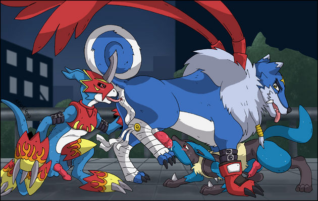 anilingus anthro crossover digimon fellatio flamedramon gaogamon gay interspecies irene lucario male male_only pokemon pokemon_(species)