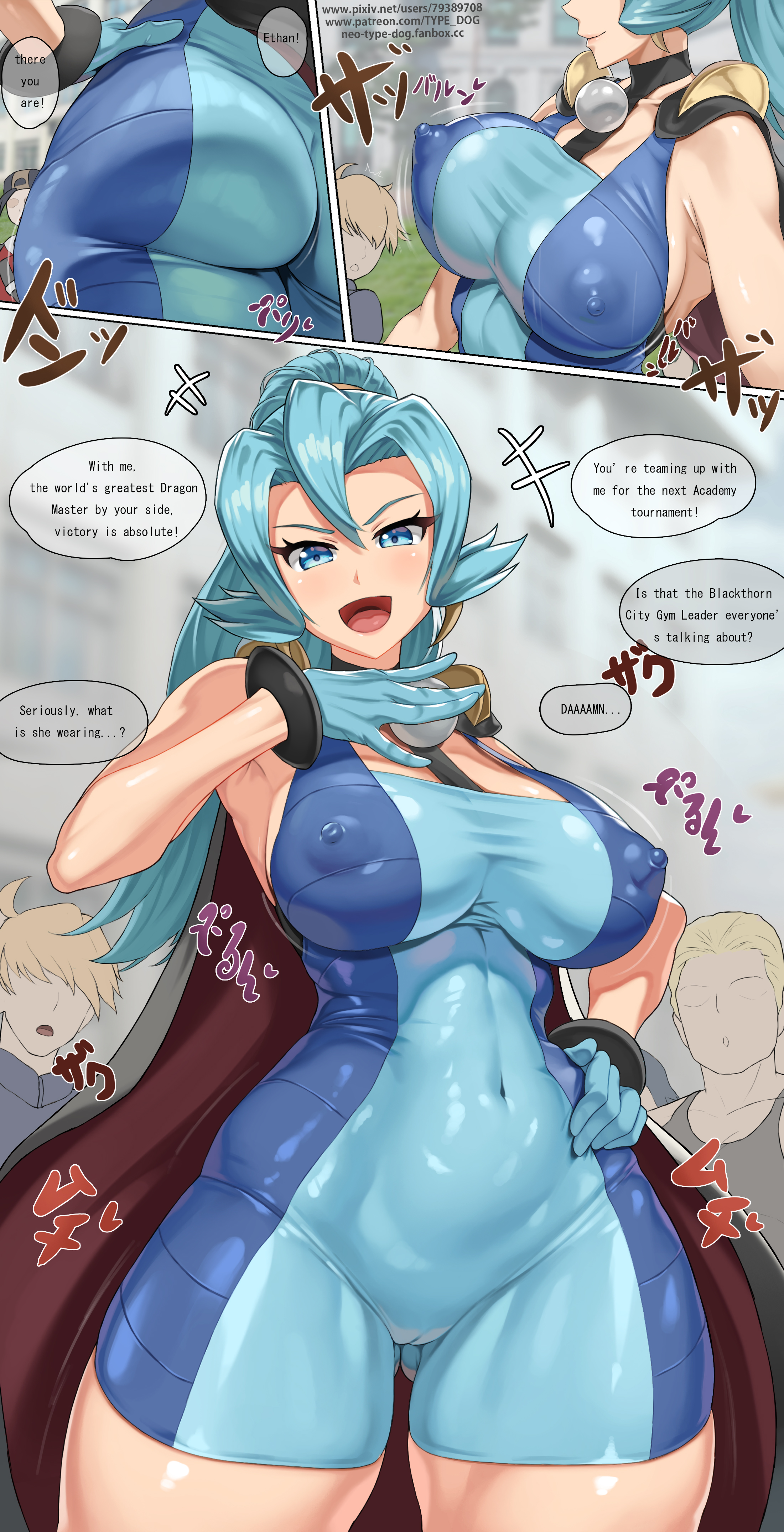 1girl, absurdres, ass, backwards hat, baseball cap, black cape, blue bodysuit, blue eyes, blue gloves, blue hair, bodysuit, bouncing breasts, breasts, cameltoe, cape, clair (pokemon), commentary request, covered navel, covered nipples, earrings, ethan (pokemon), faceless, faceless male, gloves, hat, highres, jewelry, large breasts, long hair, looking at viewer, open mouth, pokemon, pokemon heartgold and soulsilver, pokemon masters ex, ponytail, smile, tooth earrings, type-dog, unitard