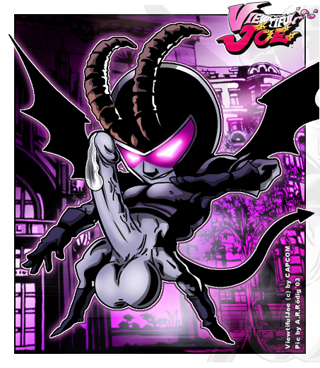 1boy 2003 alastor_(viewtiful_joe) big_balls cum cum_drip demon erection glowing_eyes helmet horns huge_cock male male_only solo standing tail testament video_games viewtiful_joe wings