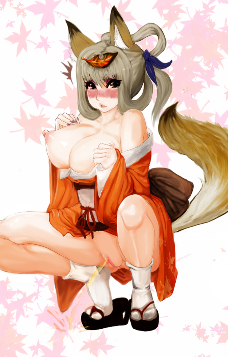 bangs big_nipples blush breasts_out closed_mouth embarrassed erect_nipples female female_focus female_only fox_ears fox_girl fox_tail geta hairless_pussy kimono kimono_lift kongiku labia lips looking_at_viewer muramasa_the_demon_blade nipples obi open_eyes peeing pussy sitting_pee solo solo_female solo_focus spread_legs squatting tabi tagme traditional_clothes urinating urinating_female urination urine urine_splatter