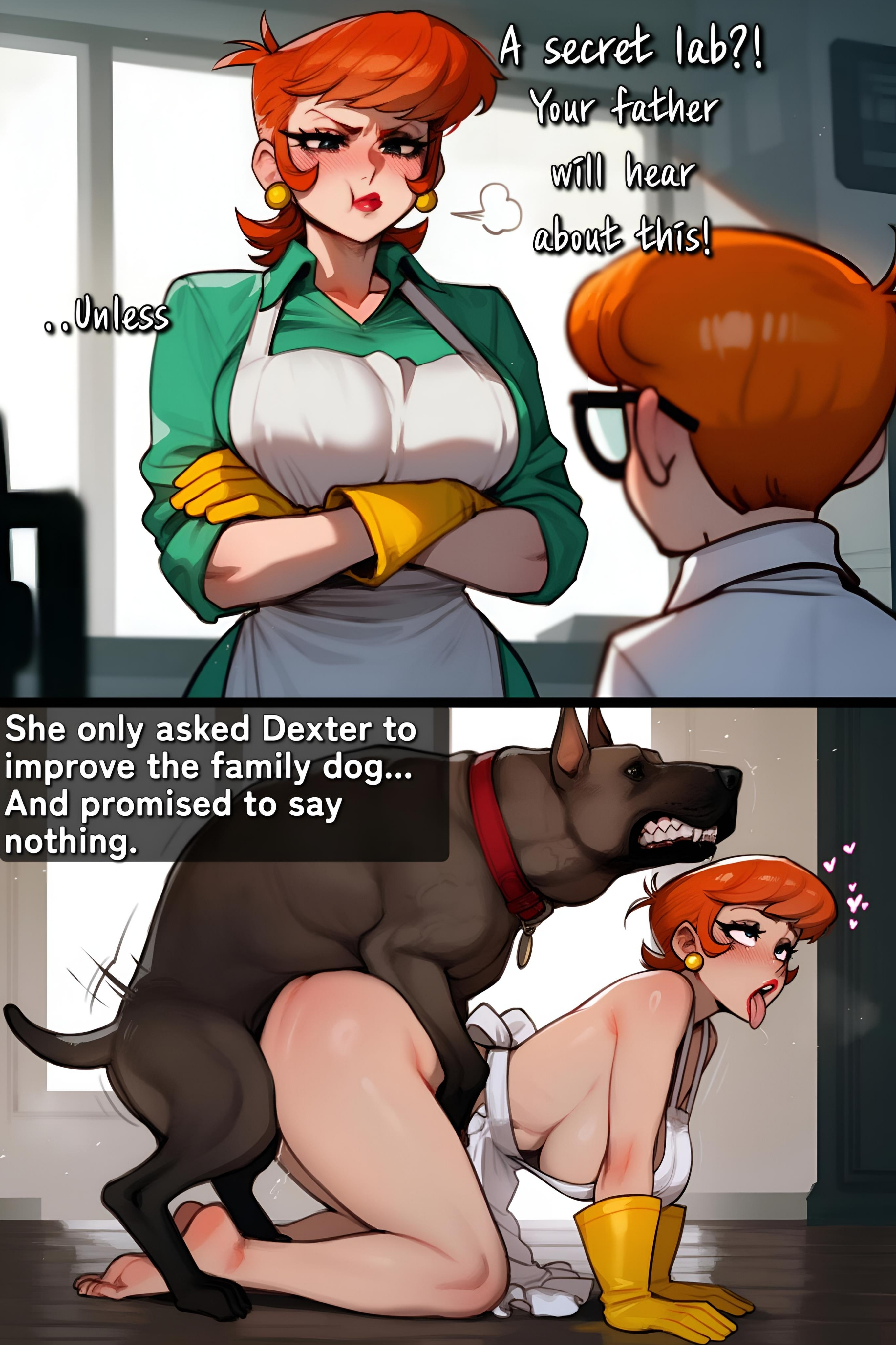 ai generated, all fours, apron, bangs, canid, canine, canis, cheating, cheating wife, comic, cucked by beast, dexter, dexter's laboratory, dexter's mom, doggy style, domestic dog, english, english text, female, female on feral, feral, feral on female, feral on human, feral penetrating, feral penetrating human, fucked silly, huge ass, human, human female, human on feral, human penetrated, instant loss, instant loss 2koma, interspecies, large ass, large breasts, loving it, male, mature female, milf, mother, mutant, naked apron, netorare, ntr, submissive female, submissive human, text, thick thighs, wife, yumerush, zoophilia