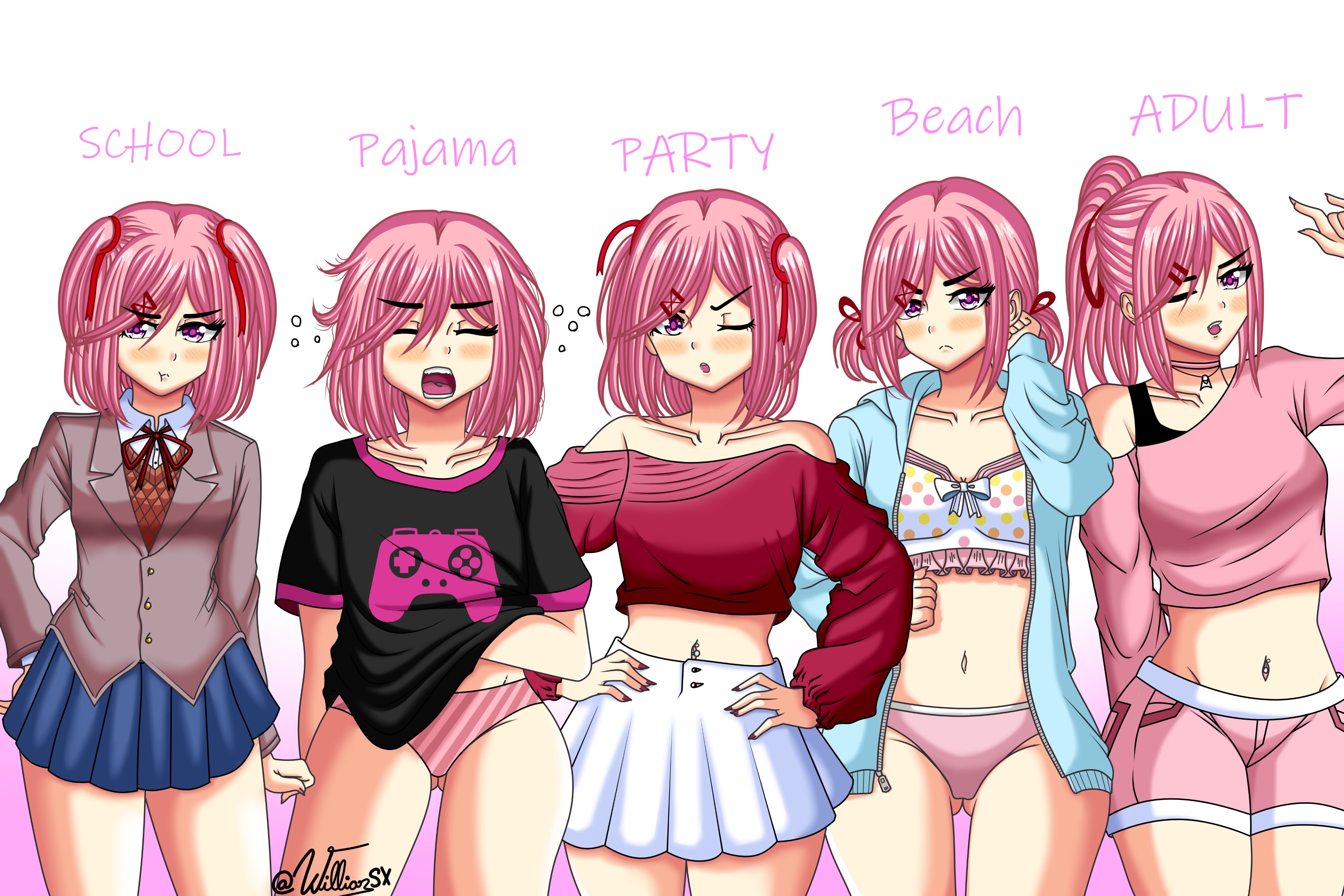 bikini, clothed, clothed female, doki doki literature club, female, female only, natsuki (doki doki literature club), pajamas, swimsuit, swimwear, willianxs