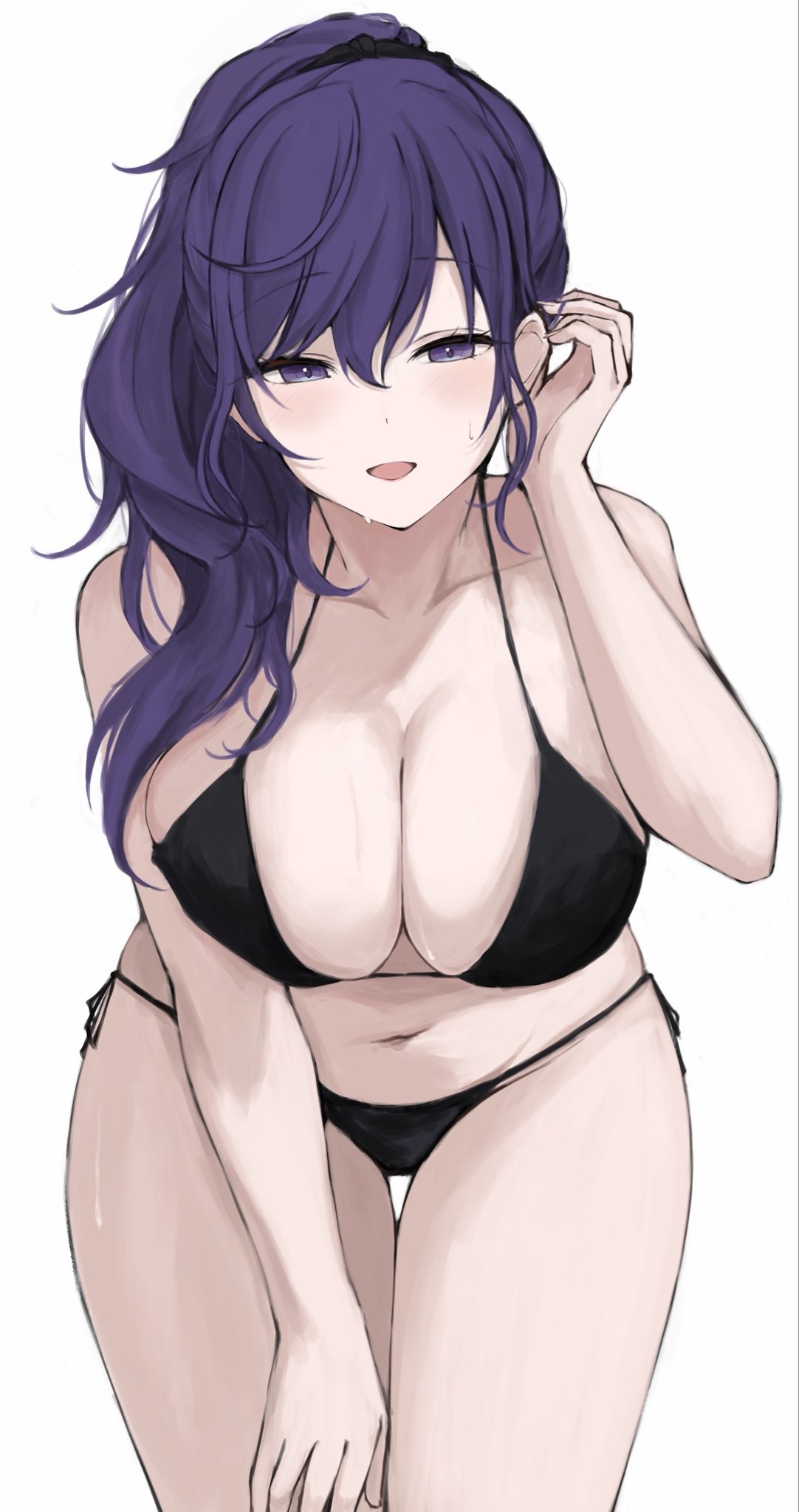 1girl, 2d (artwork), artist request, asahina mafuyu, bare shoulders, beautiful girl, beautiful woman, bikini, black bikini, black scrunchie, breasts, cleavage, cowboy shot, dot nose, hair between eyes, hair ornament, hair scrunchie, hand in own hair, hand on own thigh, heavenly body, high ponytail, highres, large breasts, leaning forward, light blush, long hair, looking at viewer, navel, ponytail, project sekai, purple eyes, purple hair, scrunchie, simple background, smile, solo, swimsuit, tight bikini, tucking hair, wet, white background, wholesome