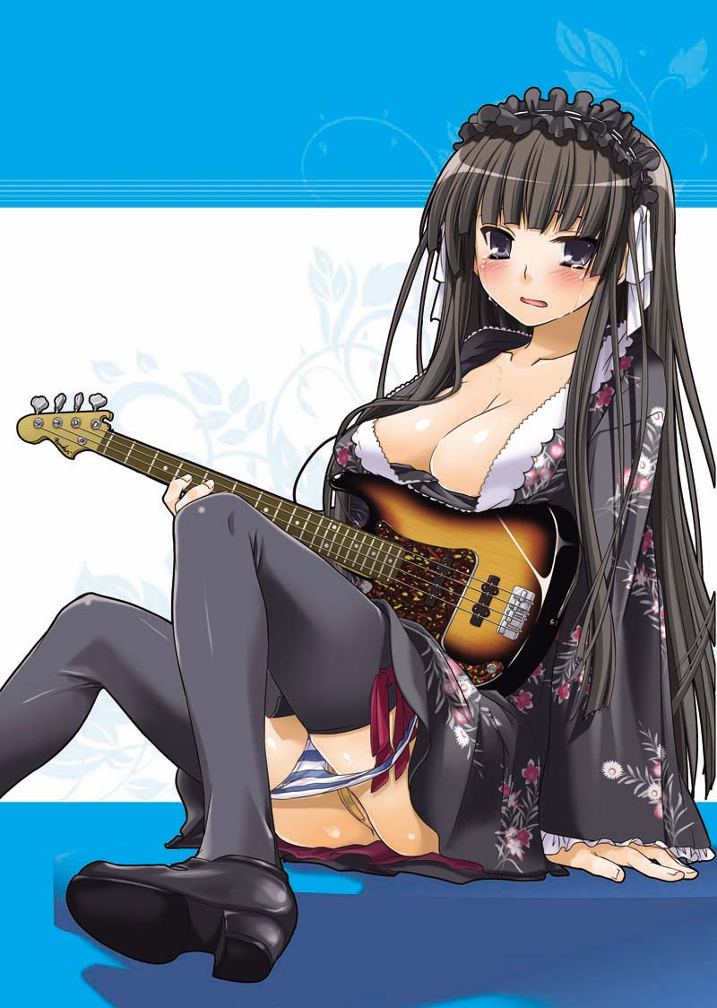 1girl bandaid bandaid_on_pussy bass_guitar breasts cleavage female female_only human human_only instrument japanese_clothes k-on! maebari mio_akiyama_(k-on!) nakajima_yuka panties panty_pull partially_visible_vulva solo striped striped_panties tear thighhighs underwear