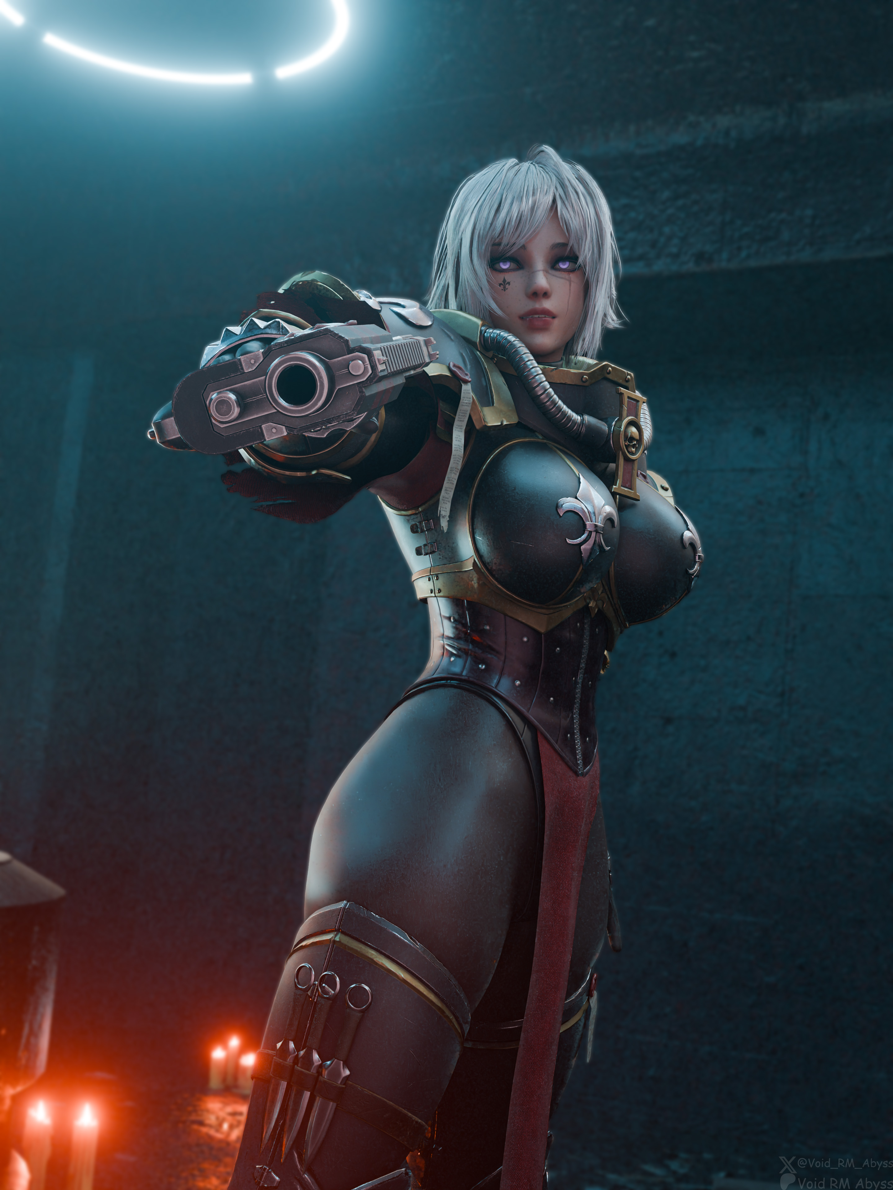 3d, 3d (artwork), 3d model, 3d render, adepta sororitas, armored dress, armored female, cinematic, cinematic lighting, clothed, female, female only, glowing eyes, gun, guns, imperium of man, neon lights, power armor, power armor (warhammer), purple eyes, ryanreos, short hair, sister of battle, stockings, thighs, wallpaper, warhammer (franchise), warhammer 40k, white hair