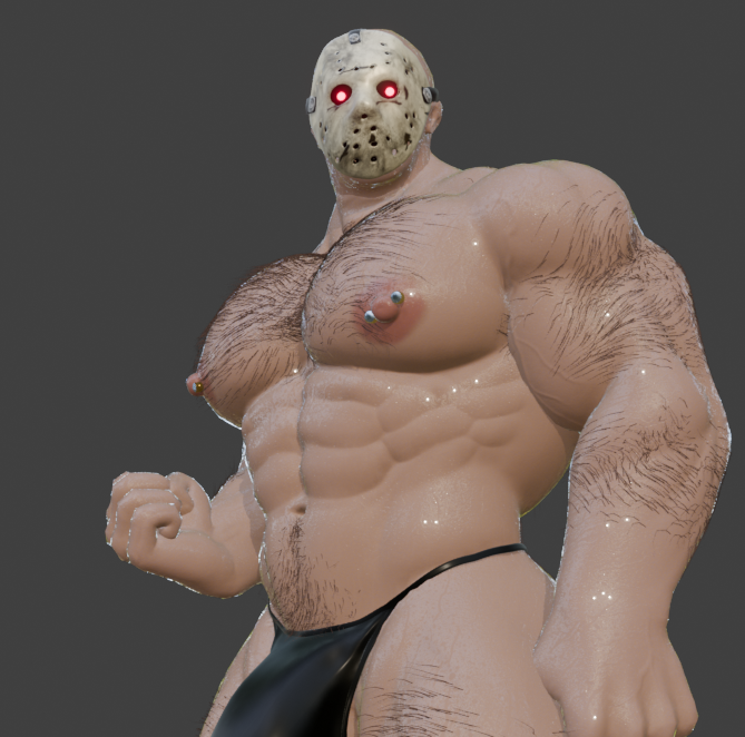 1boy, augghles, bara, big pecs, big penis, cock, dick, friday the 13th, gay, hairy, jason voorhees, male, male only, mask, masked, masked male, muscular, muscular male, navel, nipple piercing, nipples, penis, solo, thong