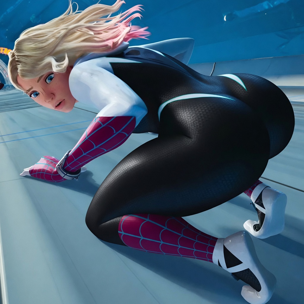 1girls, ass, big breasts, breasts, female, gwen stacy, gwen stacy (spider-verse), happy, large ass, light skin, light-skinned female, marvel, rui3delsa, ruichan art, ruidx, ruisensei, scene reference, sony pictures animation, spider-gwen, spider-man (series), spider-man: into the spider-verse, thick thighs, thighs, wide hips