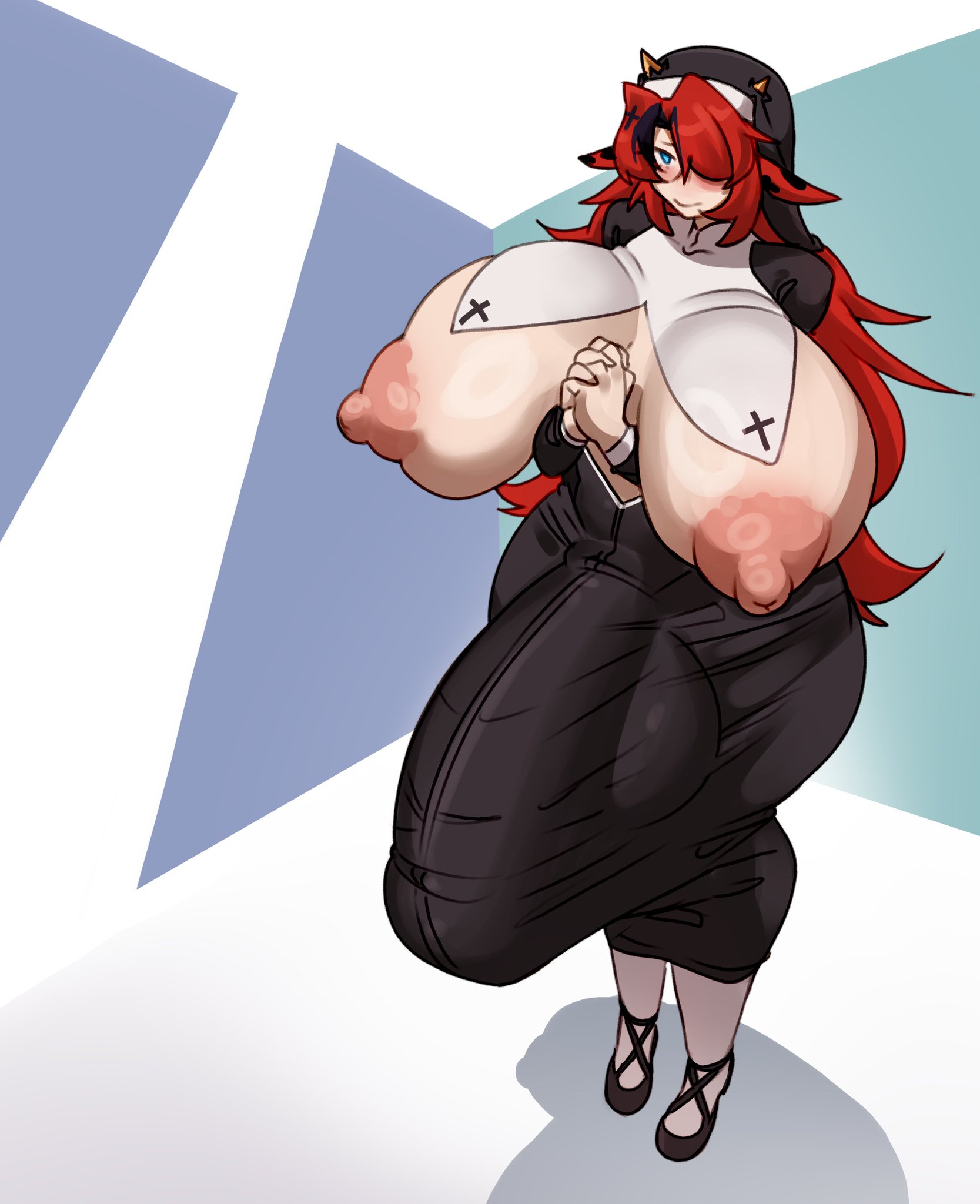 1futa, balls, breasts, breasts bigger than head, breasts bigger than torso, bulge, bulge through clothing, clothed, clothing, cow ears, cow horns, futa only, futanari, half-erect, hands-free, horns, horsecock, horsecock futa, horsecock on humanoid, huge areolae, huge breasts, huge cock, human, hyper, hyper penis, light skin, light-skinned futa, long hair, mostly clothed, nipples, nun, nun outfit, penis, red hair, solo, solo futa, sunk118, tagme