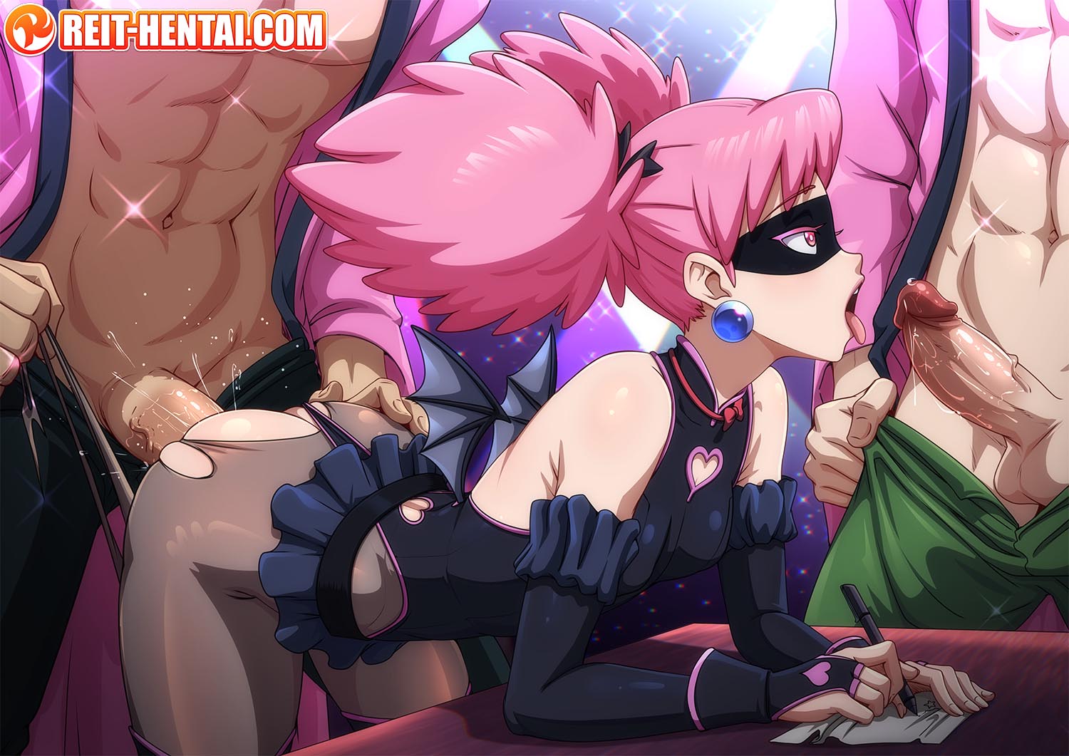 1girl, 2boys, ass, ass up, background, blowjob, clothed female, clothed sex, clothes, clothes ripping, faceless male, female, female focus, from behind, girl, haneyama kazuho, idol, male, multiple males, multiple penises, my hero academia, open mouth, penis, pink eyes, pink hair, pop step, reit, sex, tagme, torn pantyhose, twintails, vigilante: my hero academia illegals, watermark