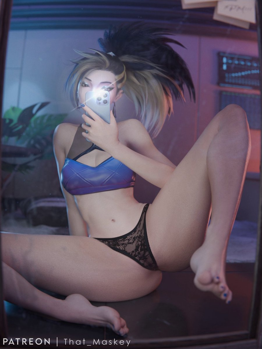 1girls, 3d, akali, female, female focus, female only, k/da series, league of legends, medium breasts, mirror selfie, panties, pose, posing, see-through, see-through clothing, see-through panties, selfie, solo, tagme, that maskey
