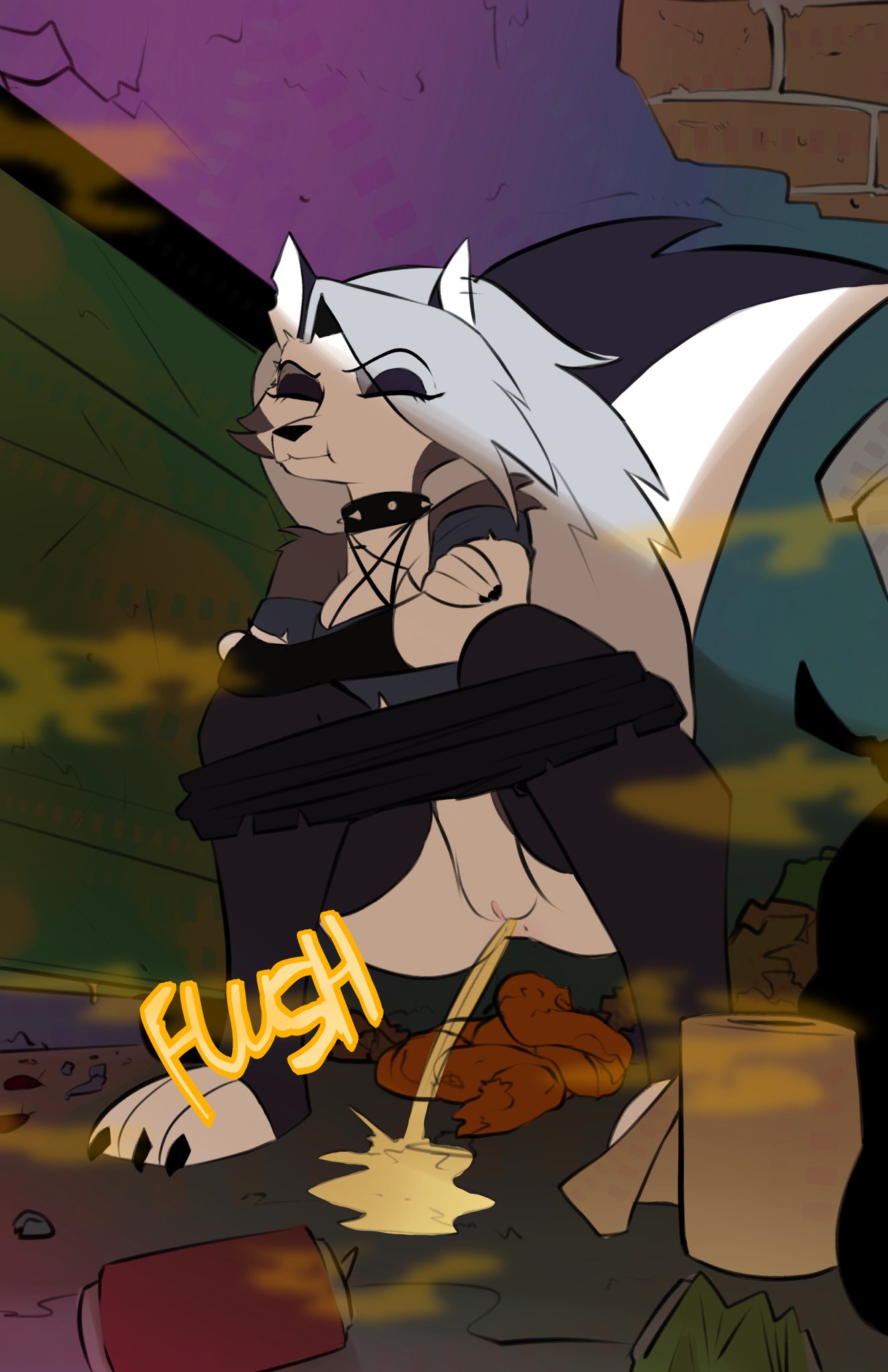 alley alternative_fashion anthro anus bodily_fluids bottomwear bottomwear_down canid canid_demon canine choker clothed clothing collar crouching demon ear_piercing feces feces_in_ass feces_on_ground feces_pile female fur gaap genital_fluids genitals grey_hair hair hellaverse hellhound helluva_boss hi_res jewelry loona_(helluva_boss) mammal mythological_canine mythological_creature mythology necklace onomatopoeia partially_clothed peeing peeing_on_ground peeing_outside piercing pooping pooping_on_floor pooping_outside red_sclera shorts shorts_down smelly solo sound_effects spiked_collar spikes text toilet_paper urine urine_on_ground urine_pool urine_stream vulva white_body white_eyes white_fur