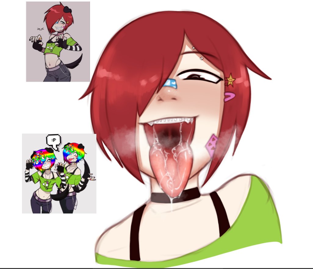 1boy, bandage, bandaid, braces, choker, doom captain, drool, drooling, eyebrow piercing, femboy, hair ornament, hairclip, male, mouth, mouth open, mouth shot, piercing, red hair, salem (dvampiresmile), saliva, scene (fashion), steam, tongue, tongue out, twink