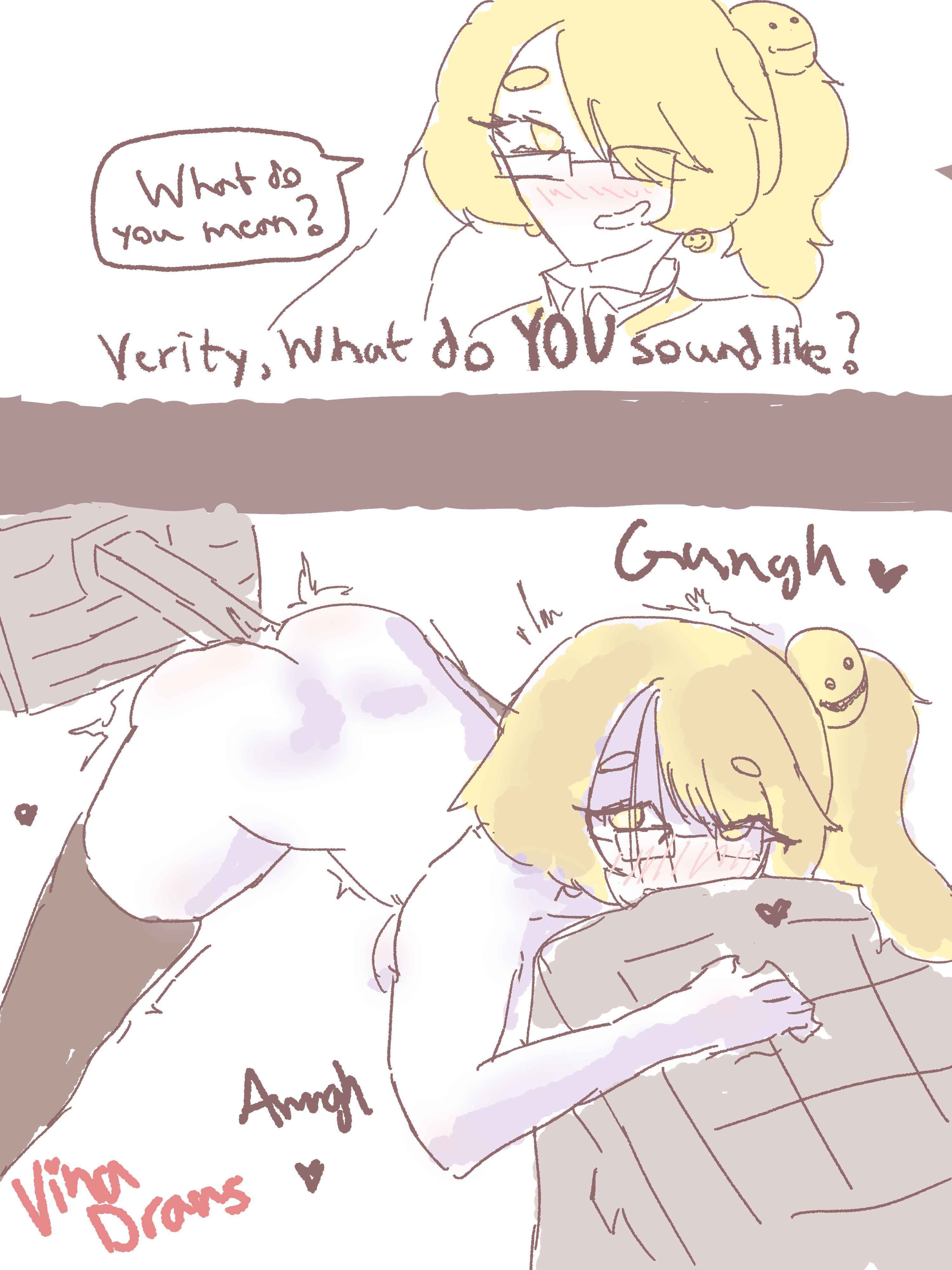 1girl, 1girls, bean eyebrows, blush, blush lines, blushing, fucked from behind, genderswap, genderswap (mtf), glasses, minecraft, minecraft sheep fucker machine, moan, moaning, nude, nude female, ponytail, text bubble, verity, verity (thatmob), vinadraws, yellow hair