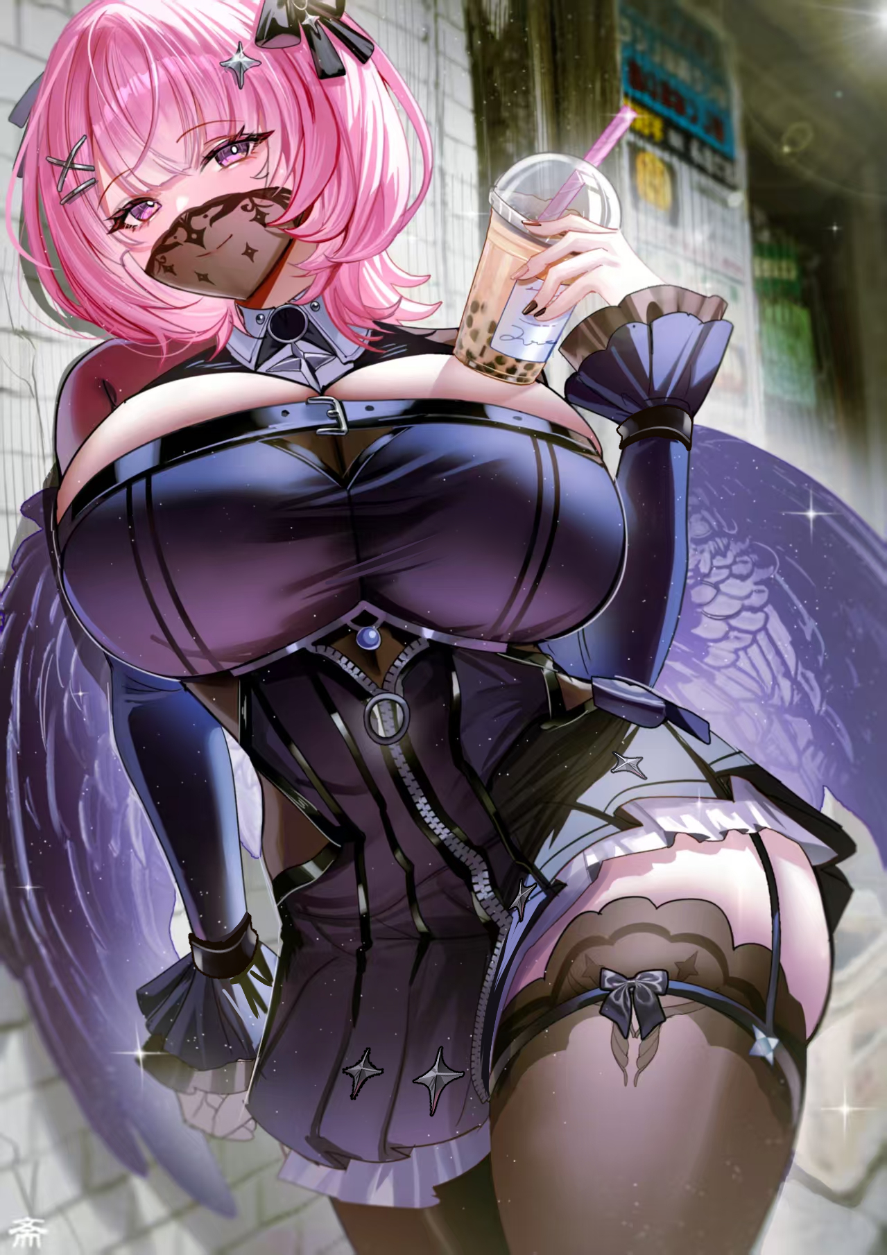 1girl, black nails, black thighhighs, black wings, breasts, bubble tea, closed mouth, colored nails, commentary, hair ornament, hairclip, hand up, highres, holding, huge breasts, long nails, long sleeves, looking at viewer, mask, nail polish, official alternate costume, painted nails, pink hair, purple eyes, remielle dan, remielle dan (moonlight whispers), see-through clothes, see-through mask, short hair, smile, solo, tansuan (ensj3875), thick thighs, thighhighs, thighs, wings, zenless zone zero