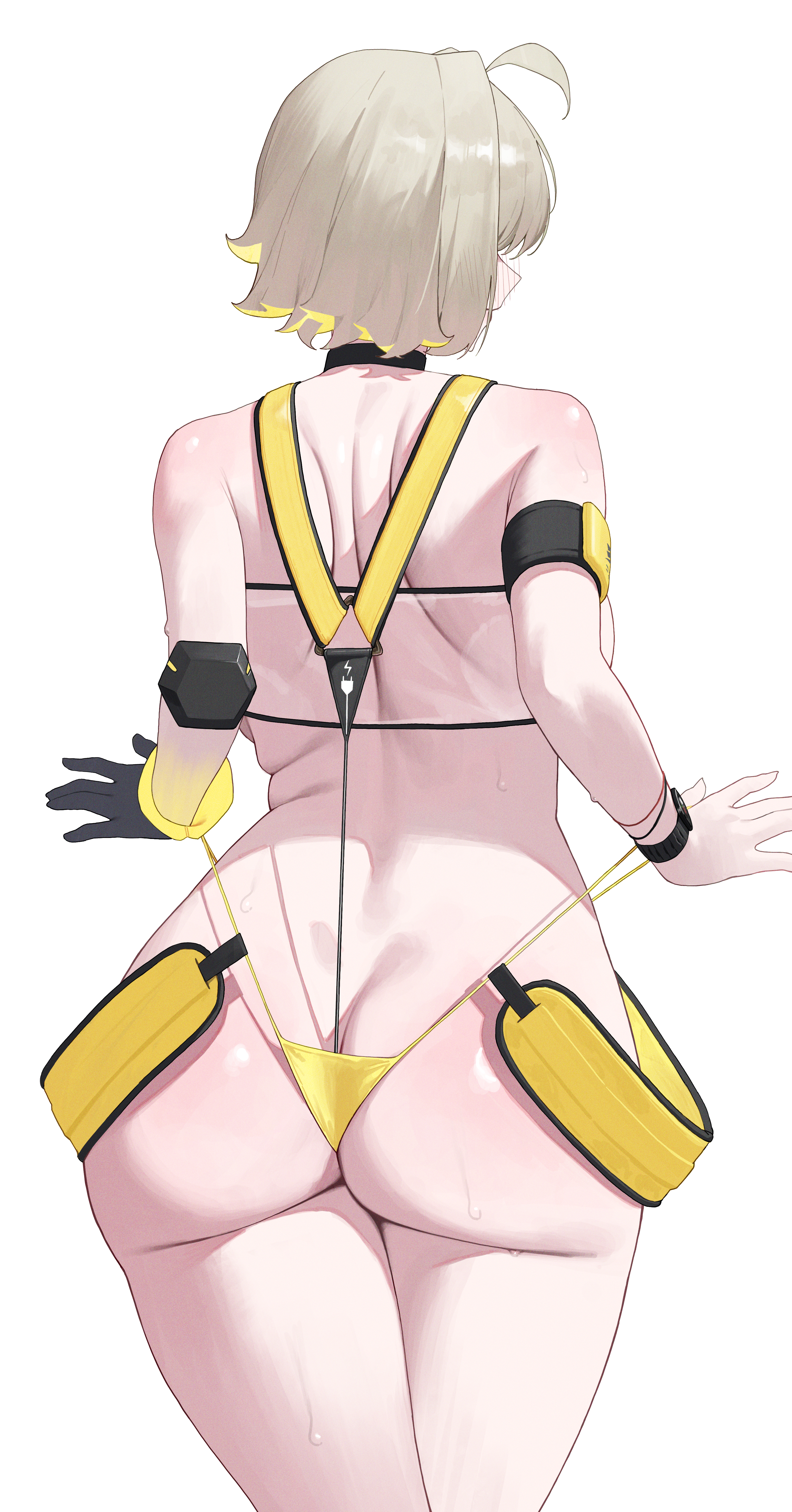1girl, absurdres, ahoge, ass, back, bikini, black choker, blonde hair, blush, breasts, choker, commentary, elegg (boom and shock) (nikke), elegg (nikke), from behind, gloves, goddess of victory: nikke, highres, large breasts, median furrow, medium hair, nikku nana, shoulder blades, simple background, single glove, solo, swimsuit, thighs, untranslatable commentary, white background, yellow bikini