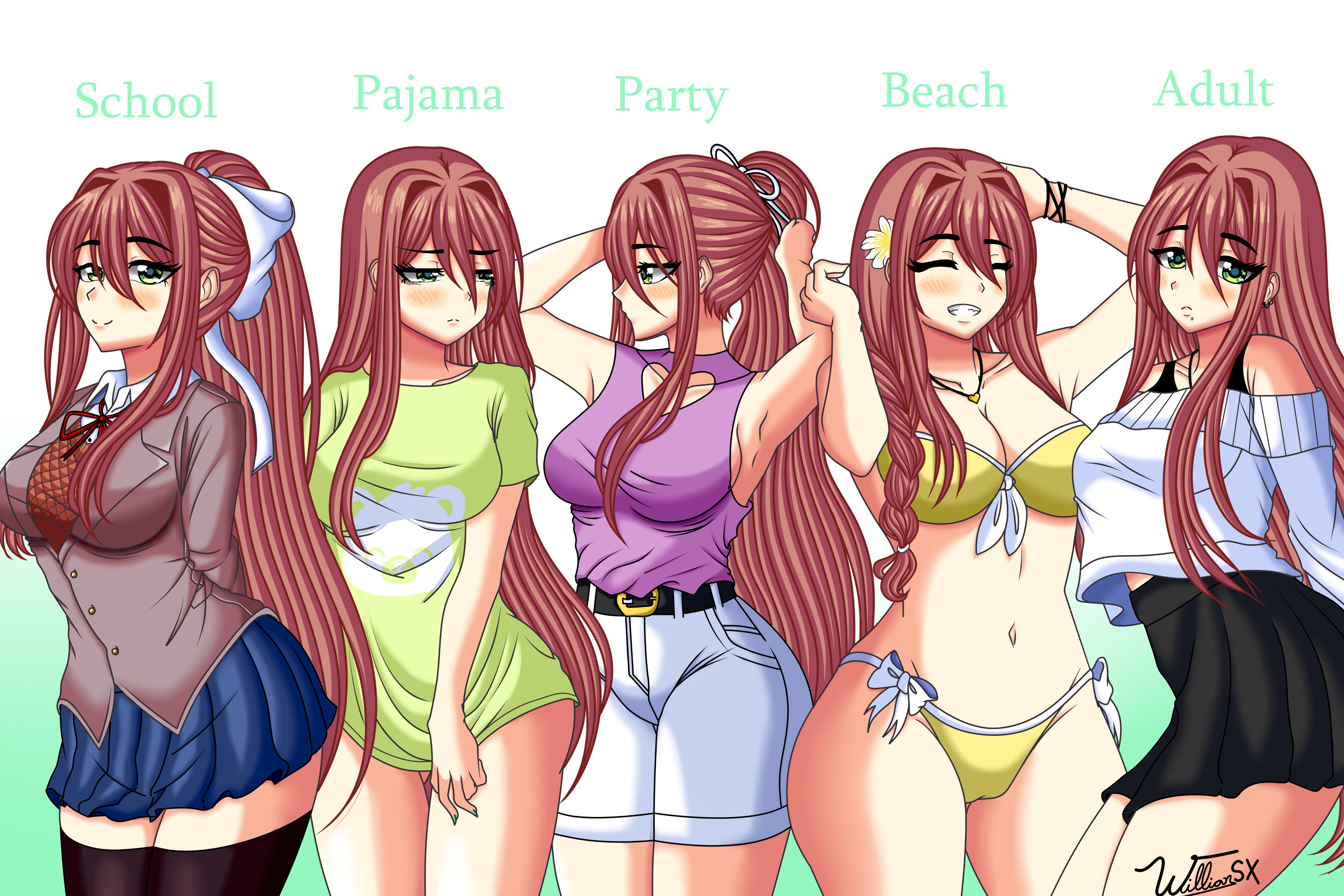 1girls, big breasts, bikini, busty, clothed, clothed female, doki doki literature club, large breasts, monika (doki doki literature club), navel, pajamas, swimsuit, swimwear, willianxs