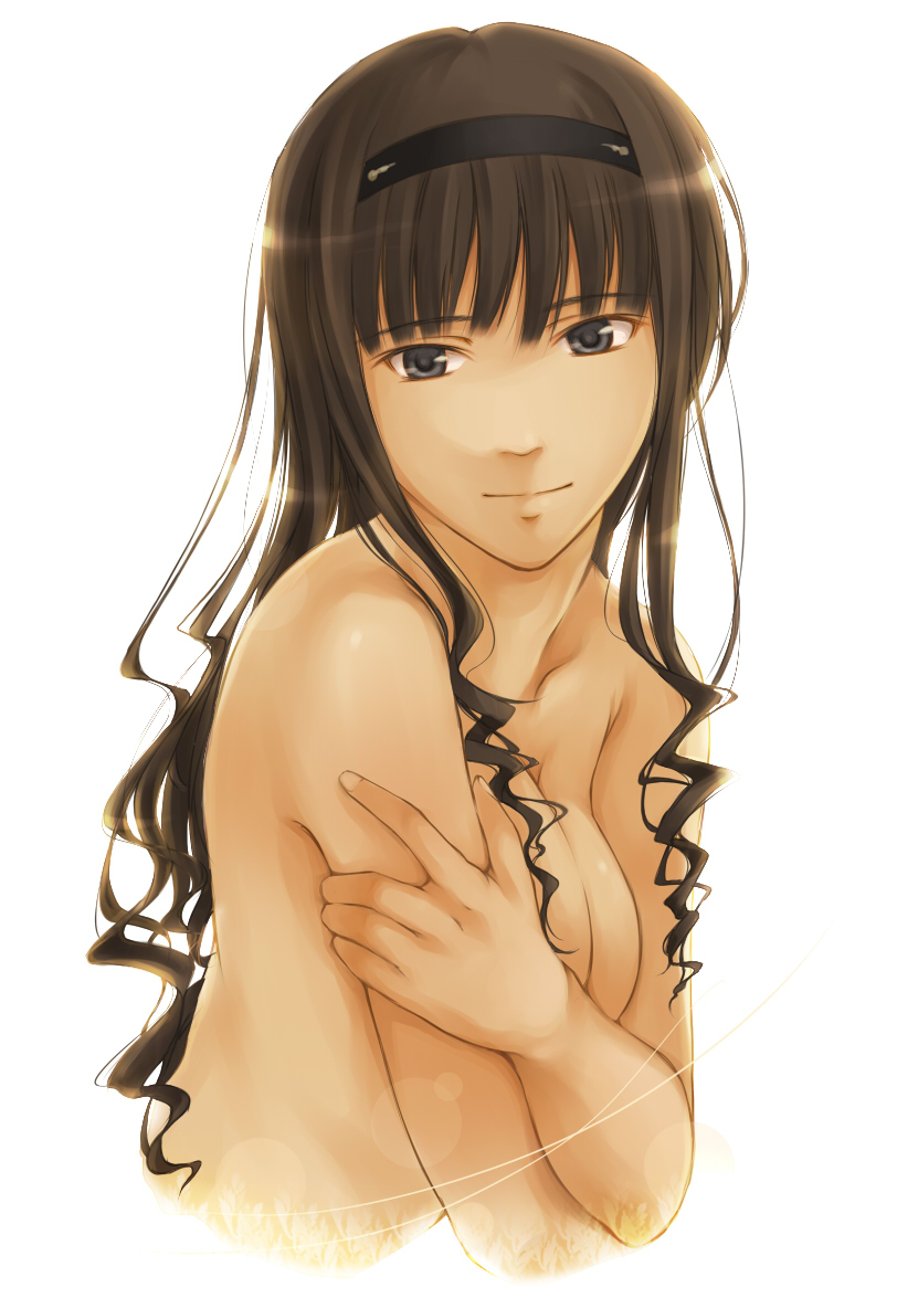 amagami breast_hold breasts brown_hair covering covering_breasts hairband morishima_haruka nude nude_cover suda_(yuunagi_enikki) yuunagi