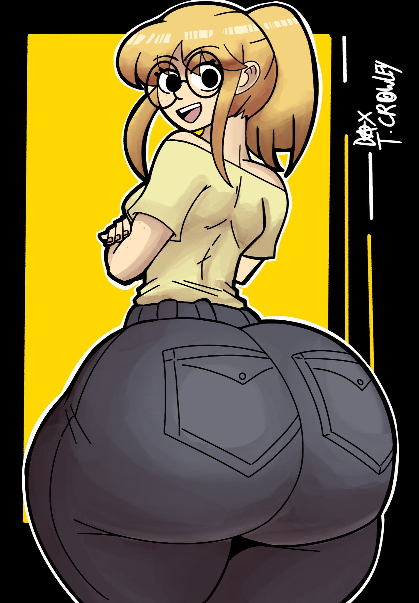 1girl, 1girls, absurd res, absurd resolution, absurdres, accurate art style, artist signature, ass, ass focus, back pockets, bare shoulders, big ass, big butt, black eyes, blonde hair, bottom heavy, bottom heavy female, bubble ass, bubble butt, curvaceous, curvy, curvy female, curvy figure, dumptruck ass, dumptruck butt, fat ass, fat butt, female, female focus, female only, freckles, freckles on face, freckles on shoulders, glasses, gray jeans, hi res, high resolution, highres, huge ass, huge butt, jeans, jennifer (dotodonoto), large ass, light skin, light-skinned female, long hair, looking back, oc, open mouth, original, original character, pockets, rose dax, round glasses, sidelocks, simple background, smile, smiling, solo, solo female, solo focus, tagme, thick ass, thick thighs, thighs, voluptuous, voluptuous female