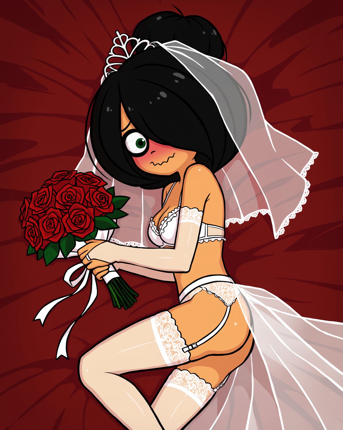 1girls, accurate art style, accurate body type, accurate proportions, ass, bags under eyes, black hair, blush, broistgruen, concerned, evening gloves, eye bags, garter belt, garter straps, green eyes, hair bun, hair over one eye, holding flower, looking at viewer, lying on bed, lying on side, maya schoppenboer, medium breasts, messy hair, ongezellig, red bed sheet, rose (flower), shiny hair, shiny skin, southeast asian, stockings, tagme, wavy mouth, wedding dress, wedding lingerie