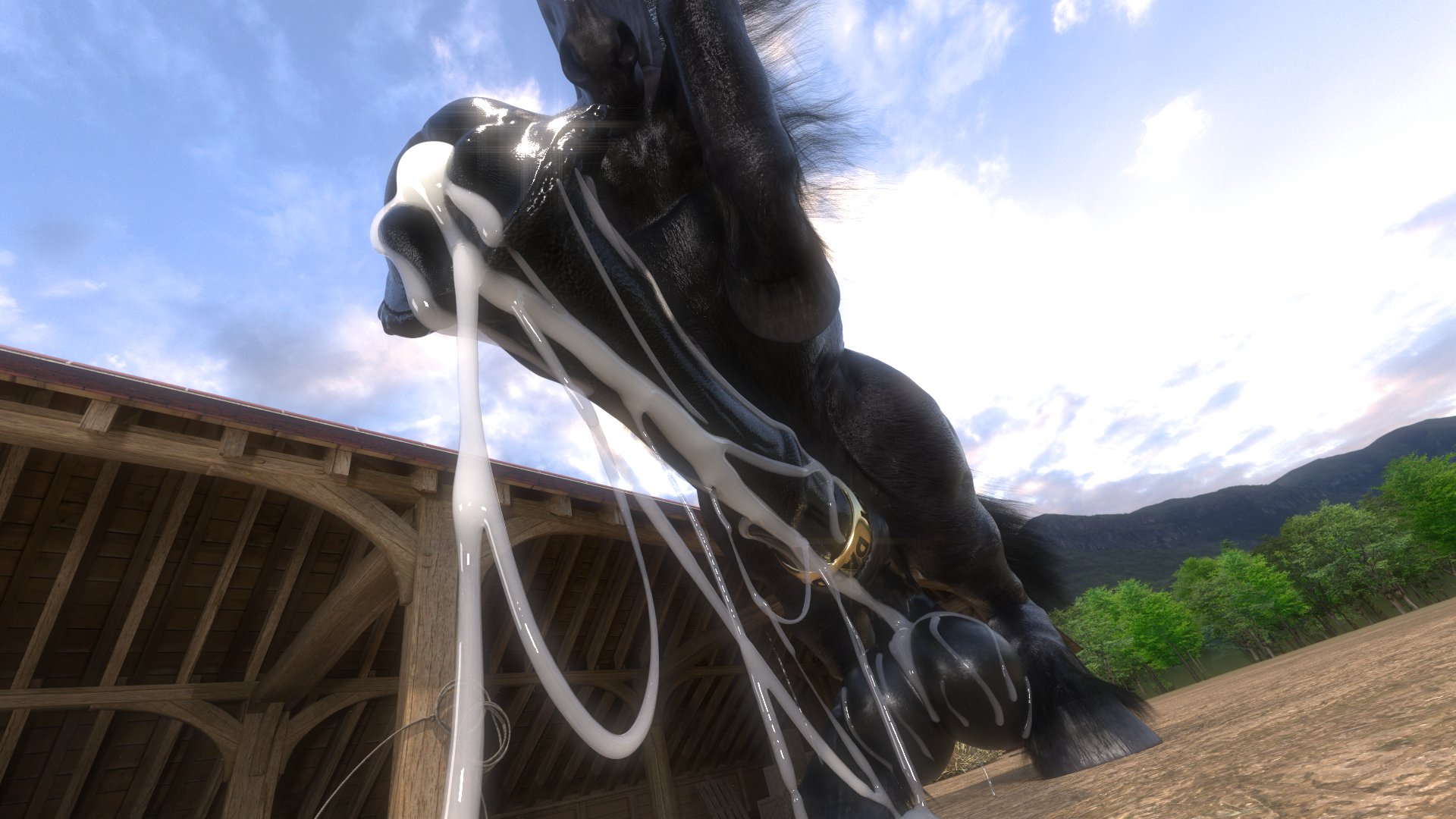 3d, 3d (artwork), animal genitalia, animal penis, balls, bestiality, big balls, big penis, black body, black fur, black hair, cock ring, cum, cum drip, cum on balls, cum on penis, cum string, equine, equine penis, erect penis, erection, excessive cum, feral, flared penis, gay, heavy balls, homosexual, homosexual male, horse, horse penis, horsecock, huge balls, huge cock, hyper, hyper balls, hyper penis, male, male focus, male only, male penetrating, male/male, penis, rivaliant, saggy balls, solo, solo focus, solo male, stable, standing, texas (rivaliant), zoophilia