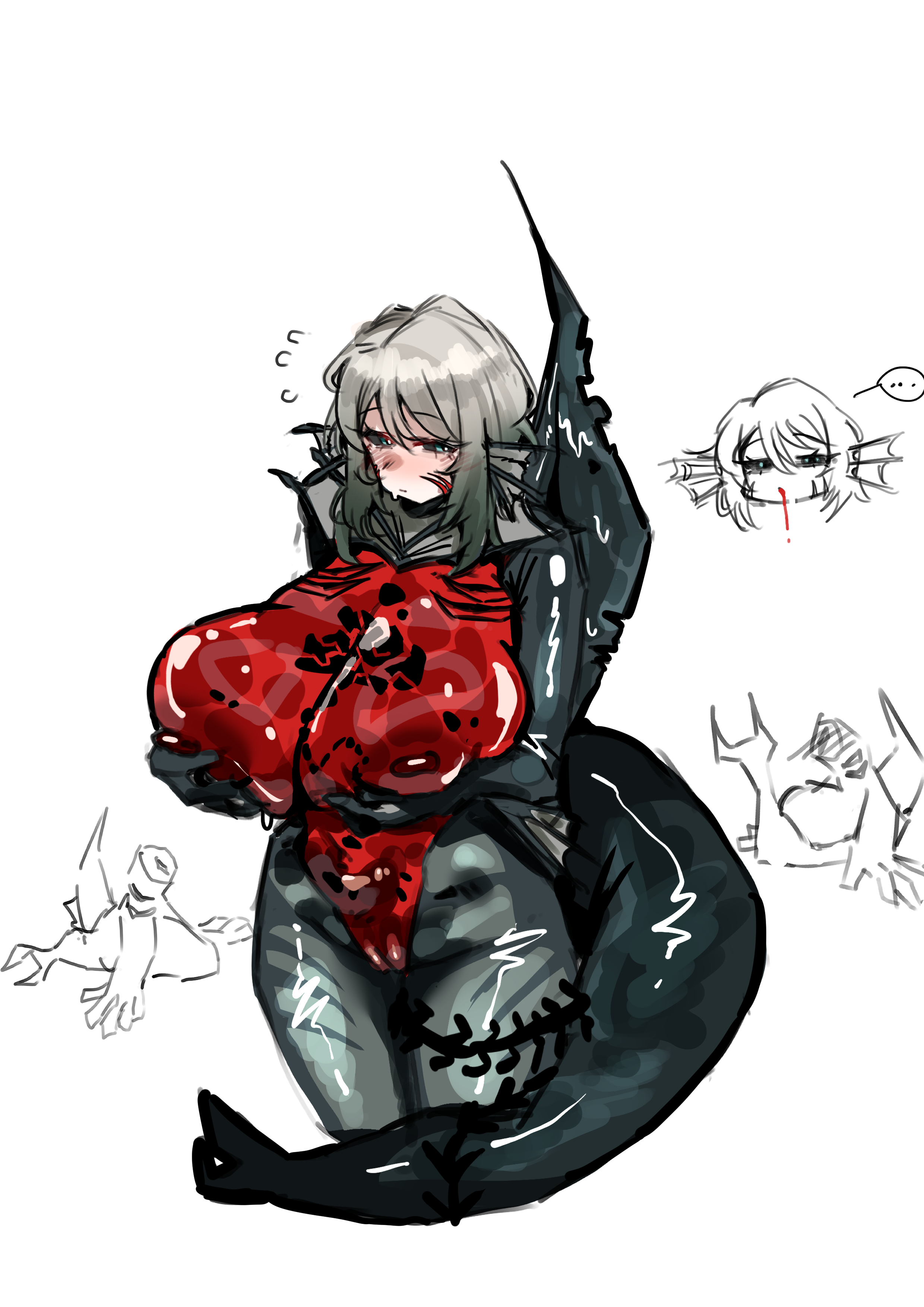 ..., 1girls, big breasts, blue eyes, blush, cat nip, embarrassed, faust (limbus company), fin, headless ichthys, limbus company, monster, monster girl, nipples, nude, presenting, project moon, pussy, scar, see-through, solo, standing, sweat, tail, thick thighs, white hair