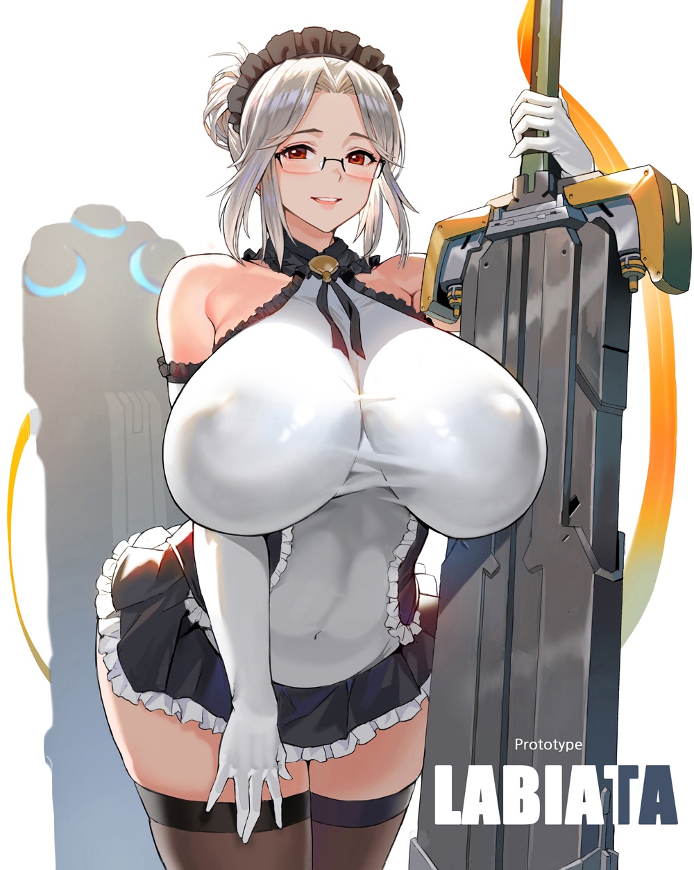 1girls bare_shoulders blush breasts character_name curvy dress elbow_gloves female glasses gloves hair_bun holding_weapon huge_breasts labiata_prototype_(last_origin) last_origin looking_at_viewer maid_headdress nipple_bulge plump red_eyes short_dress sidelocks silver_hair smile solo sword taesi thick_thighs thighhighs thighs weapon white_background