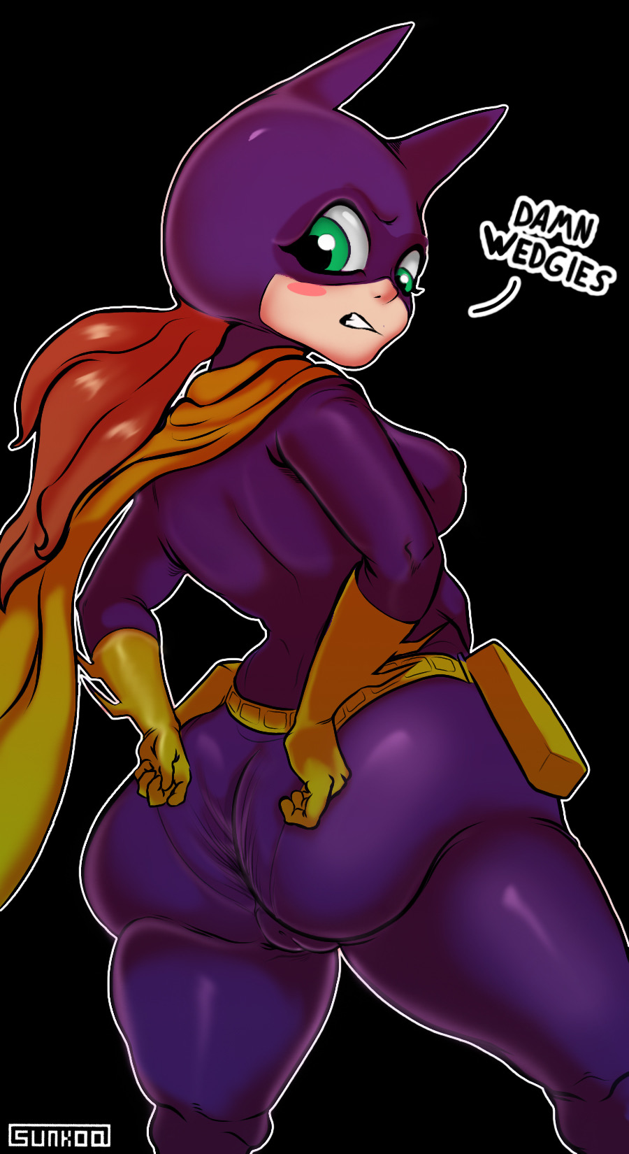 1girls, ass, barbara gordon, barbara gordon (shg), batgirl, batgirl (barbara gordon), big ass, big breasts, black background, blush stickers, bodysuit, breasts, cameltoe, cape, curvaceous, curvy, curvy female, dc, dc comics, dc super hero girls, erect nipples, female, female only, gloves, green eyes, long hair, looking back, looking down, low-angle view, masked female, nipple bulge, nipples, nipples visible through clothing, oddrich, orange hair, panties visible through clothing, purple bodysuit, pussy, rear view, sideboob, solo, thick ass, thick thighs, tight clothing, wedgie