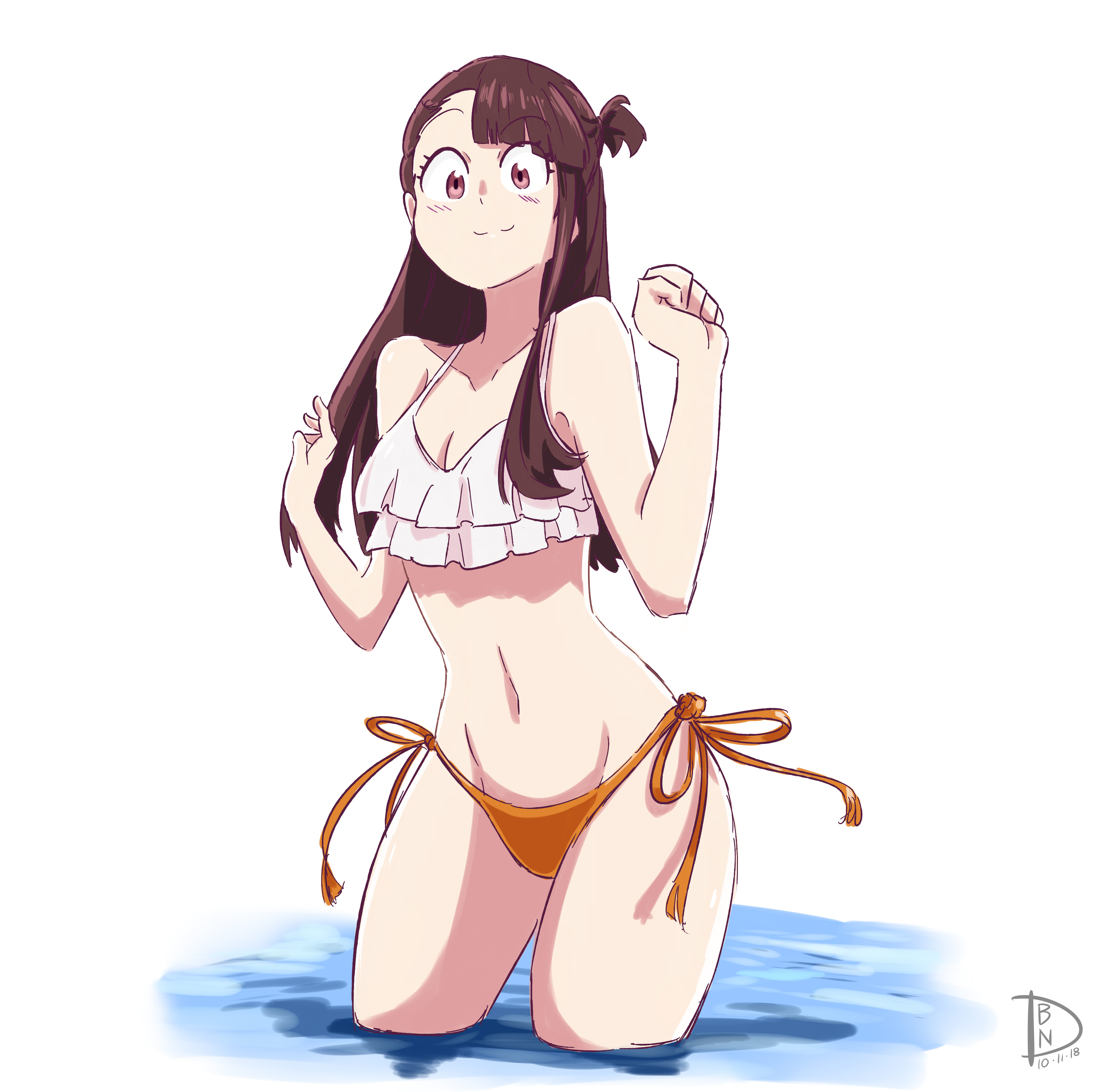 1girls, 2019, atsuko kagari, bare arms, bare legs, bare shoulders, bikini, brown eyes, crossover, deanialsart, drawing, female, female only, little witch academia, long hair, open eyes, pixiv, simple background, smile, smiling, ssss.gridman, studio trigger, takarada rikka (cosplay), water, watermark