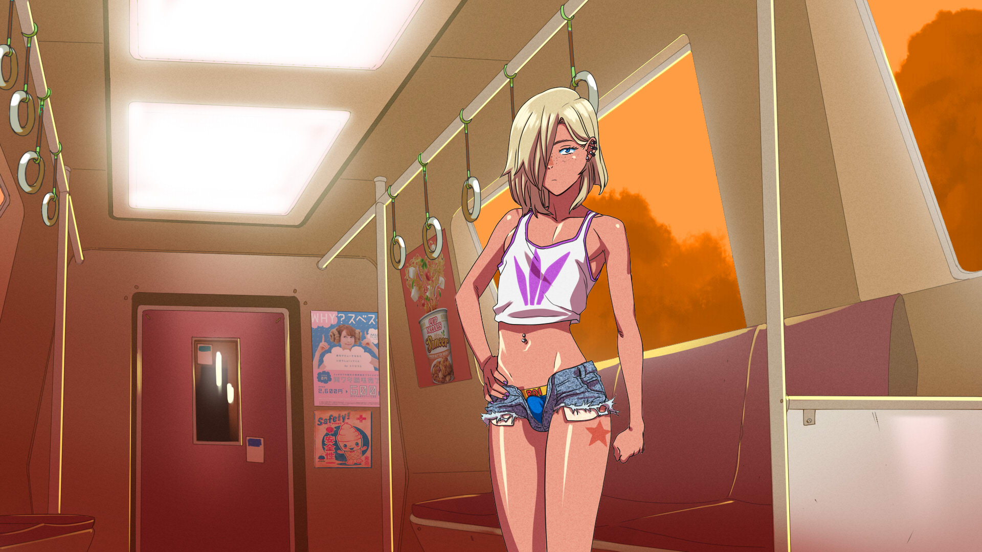 1boy, alternate version available, blonde hair, blue eyes, bulge, femboy, freckles, male, male only, nail polish, navel piercing, piercing, sexually suggestive, short shorts, shorts, solo, stomach, tattoo, teenager, tekuho, train, trap