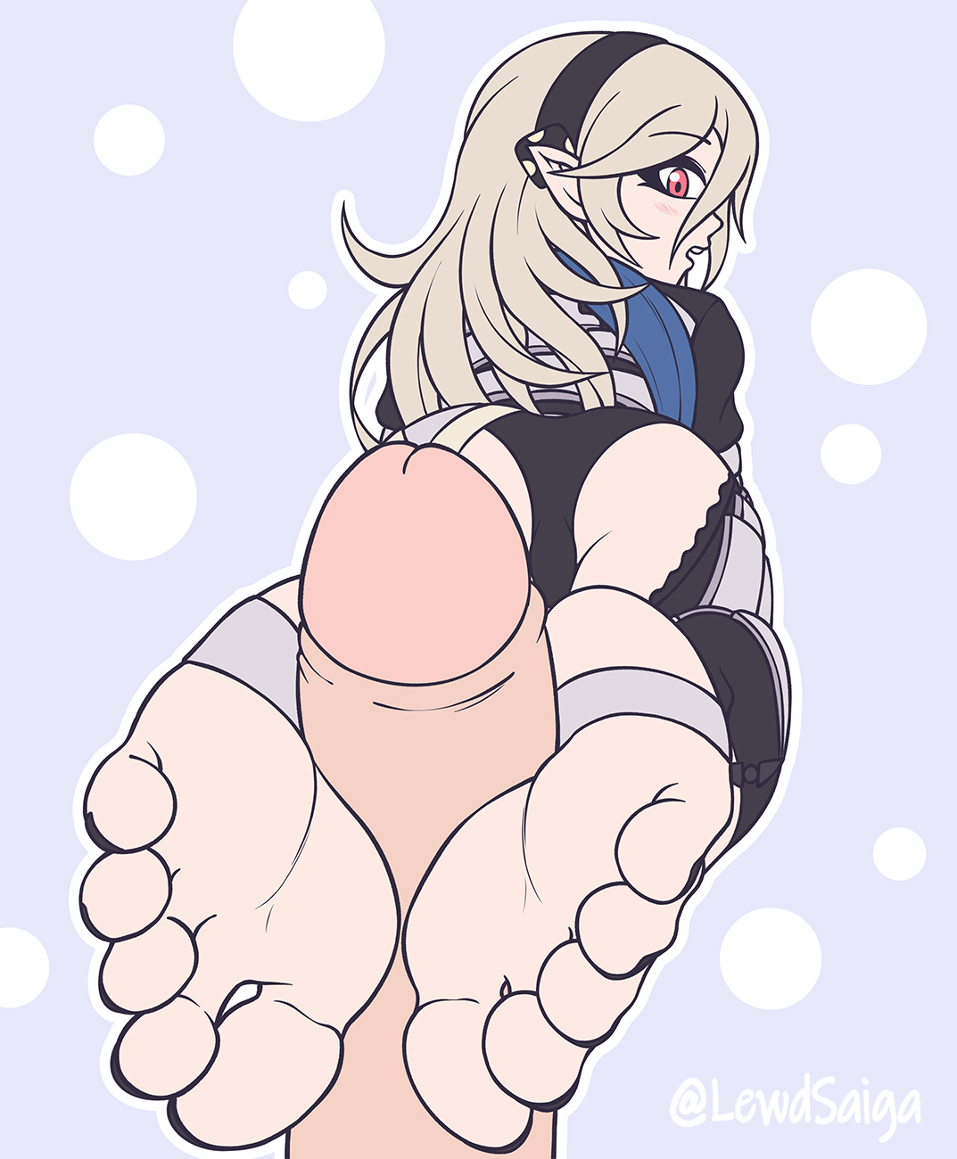 1girls, ass, barefoot, big ass, black panties, corrin (fire emblem), corrin (fire emblem) (female), feet, female, fire emblem, fire emblem fates, foot fetish, foot focus, footjob, lewdsaiga, long hair, looking back, nintendo, panties, red eyes