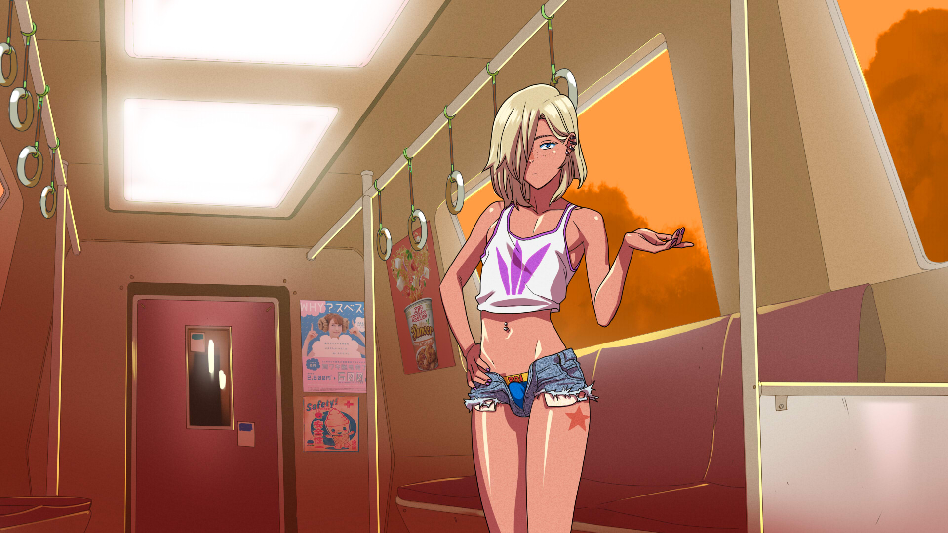 1boy, alternate version available, blonde hair, blue eyes, bulge, femboy, freckles, male, male only, nail polish, navel piercing, piercing, sexually suggestive, short shorts, shorts, solo, stomach, tattoo, teenager, tekuho, train, trap, unzipped shorts