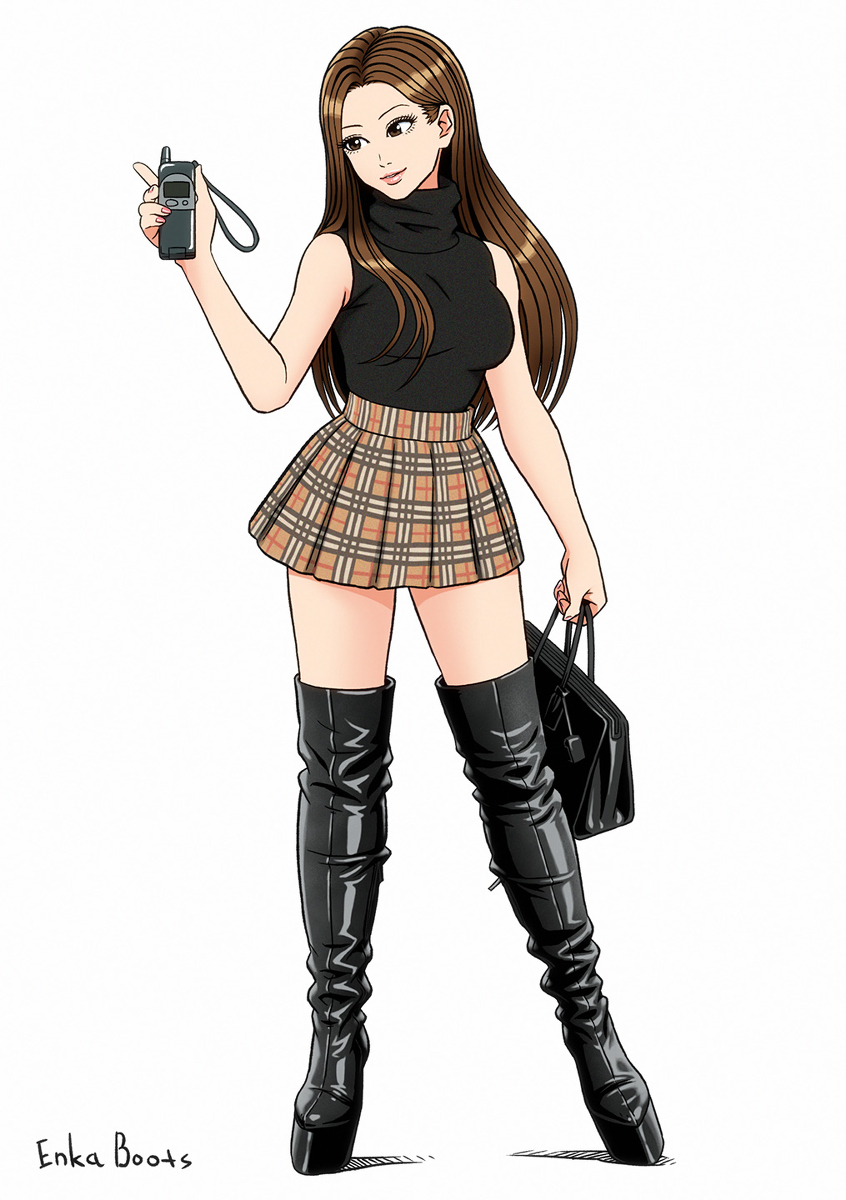 1girls, 2d, bag, boot fetish, boots, brown eyes, brown hair, brunette, cellphone, enkaboots, female, full body, highres, kneehighs, legs apart, long hair, miniskirt, phone, platform boots, pleated skirt, skirt, standing, thigh boots, thighhigh boots, thighhighs, white background
