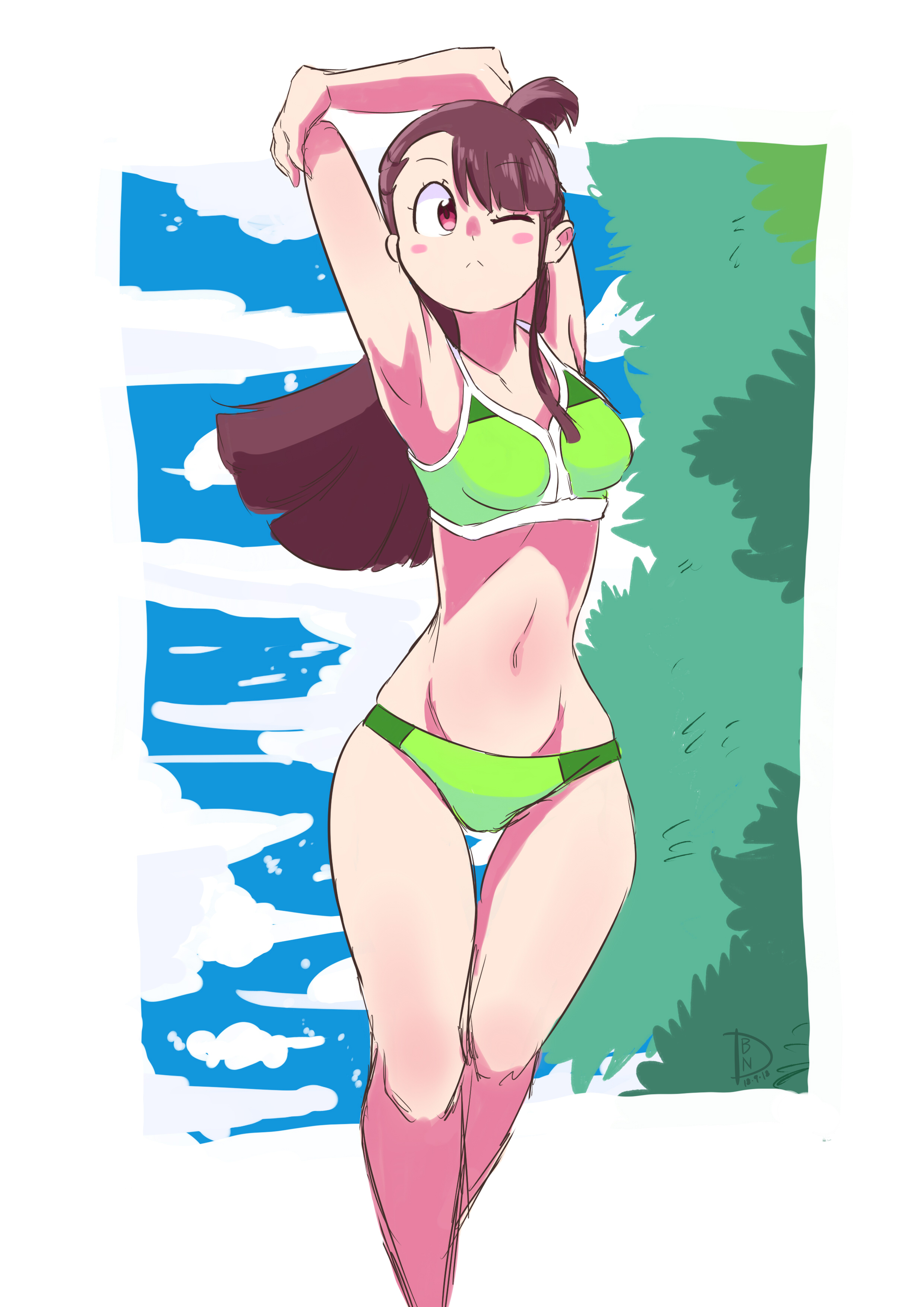 1girls, 2019, armpits, arms up, atsuko kagari, colored background, crossover, deanialsart, devilman, devilman crybaby, fanart, female, little witch academia, stretching, studio trigger, watermark