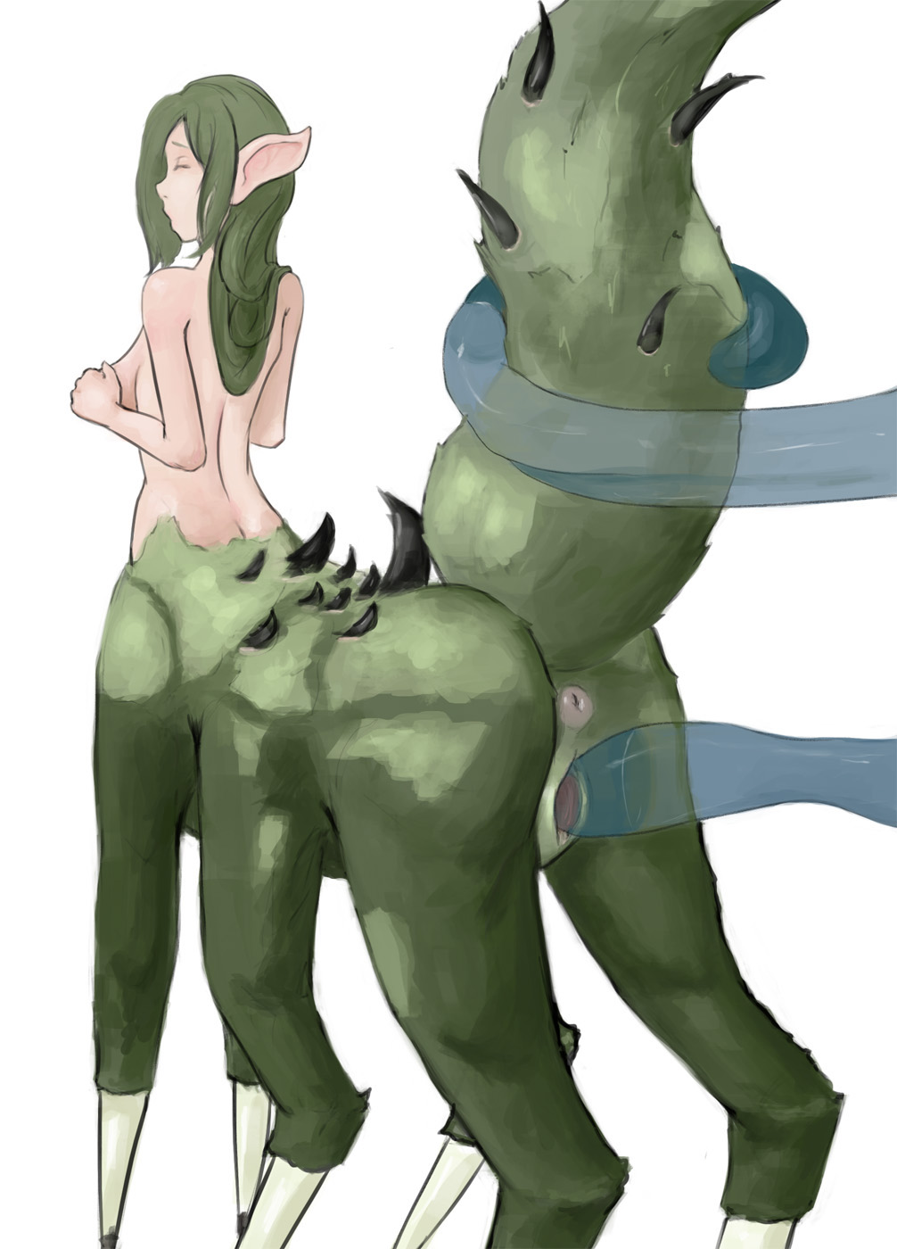 anus breasts closed_eyes female fur genitals green_body green_fur green_hair hair hi_res humanoid_pointy_ears long_hair mammal mammal_taur medium_breasts monster_girl multi_leg multi_limb multi_taur nude penetration pussy raised_tail simple_background solo spikes syvaron tail_grab taur tentacle tentacle_penetration tentacle_sex translucent translucent_tentacles vaginal_penetration