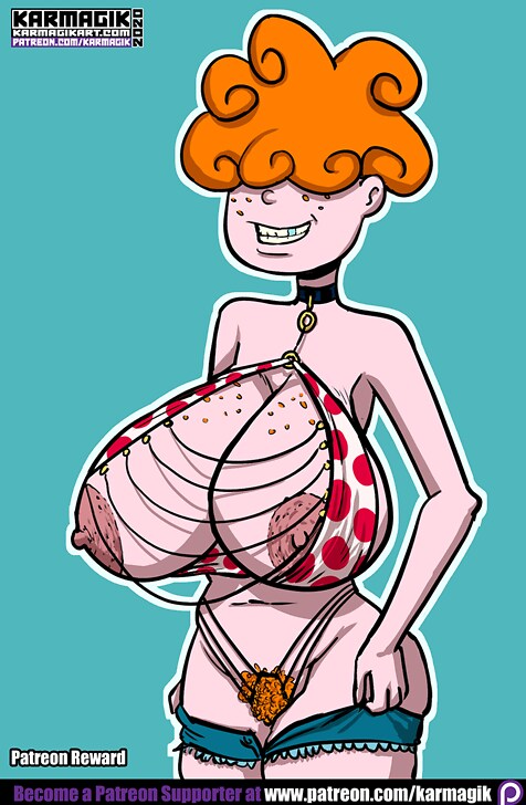 1girls, 2020, breasts, bush, daisy dukes, ed edd n eddy, exposed breasts, female, female only, freckles, freckles on chest, huge breasts, kanker sisters, karmagik, large areolae, lee kanker, pubic hair, red pubic hair, shorts down, solo