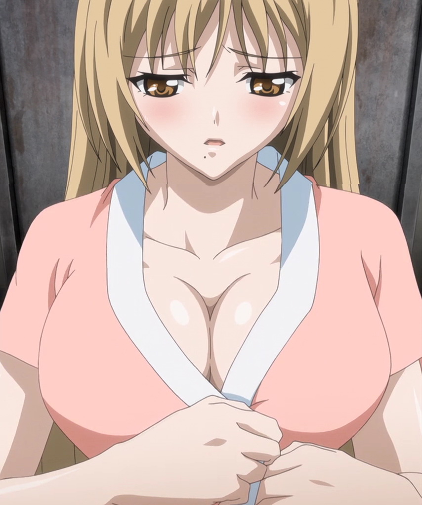 1girls animated_gif big_breasts blonde_hair blush brown_eyes cleavage ichinose_riko large_breasts long_hair mole mole_under_mouth ran_sem screencap screenshot solo suzuki_mirano upper_body