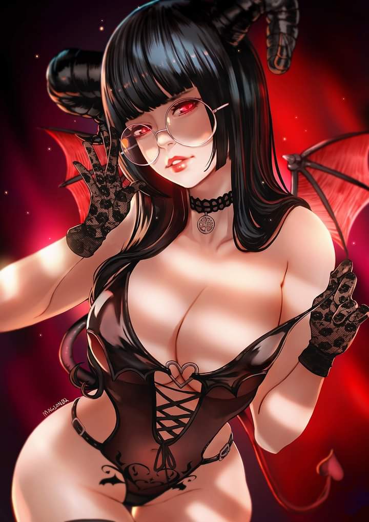 1girls black_hair choker demon demon_girl glasses horns hourglass_figure huge_breasts lace_gloves large_breasts lingerie magion02 pale-skinned_female red_eyes spade_tail succubus thigh_gap thighhighs wings