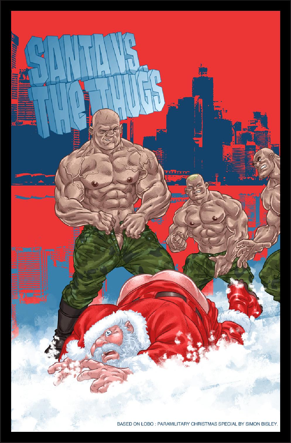 bald bara bare_ass beard blonde_hair camouflage face_down_ass_up gay human logan_(artist) nipples santa_claus snow white_hair yaoi