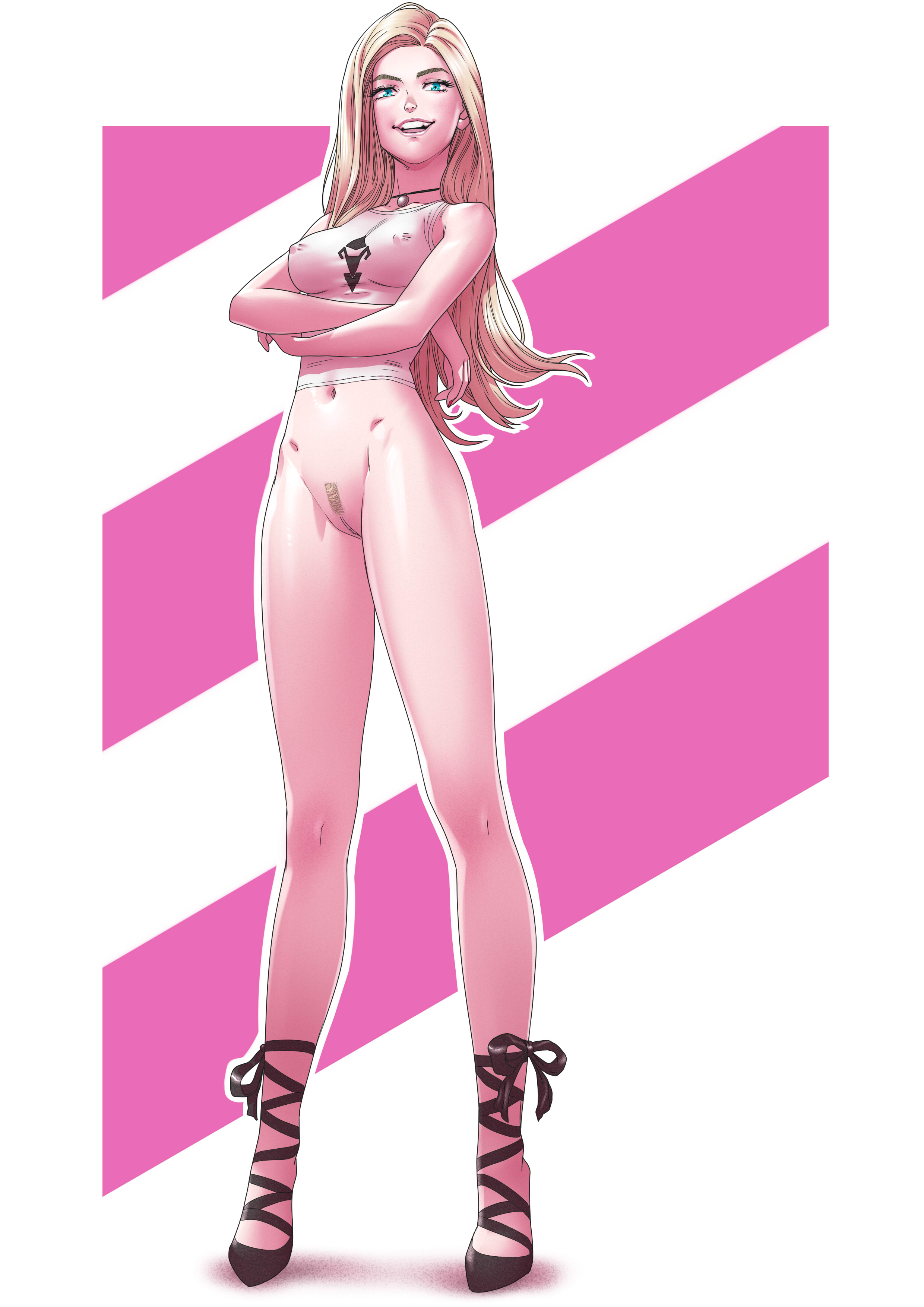 1girls, 2d, bimbo, blonde hair, blue eyes, bottomless, choker, female, high heels, human, long hair, long legs, looking at viewer, loose hair, nail polish, necklace, nipple bulge, nipples, nipples visible through clothing, original, partially clothed, sarah (tekuho), sexually suggestive, shoes, smile, solo, tanktop, teenager, tekuho, thighs