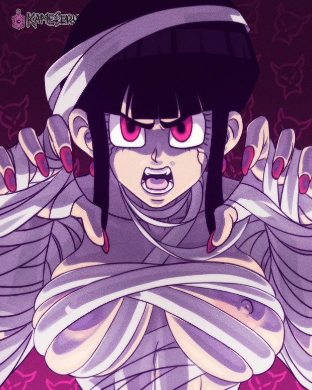 1girls, big breasts, black hair, breasts, chichi, dragon ball, dragon ball z, female, female focus, female only, halloween, kameseru, long hair, looking at viewer, mummy, mummy costume, nipples outside, red eyes