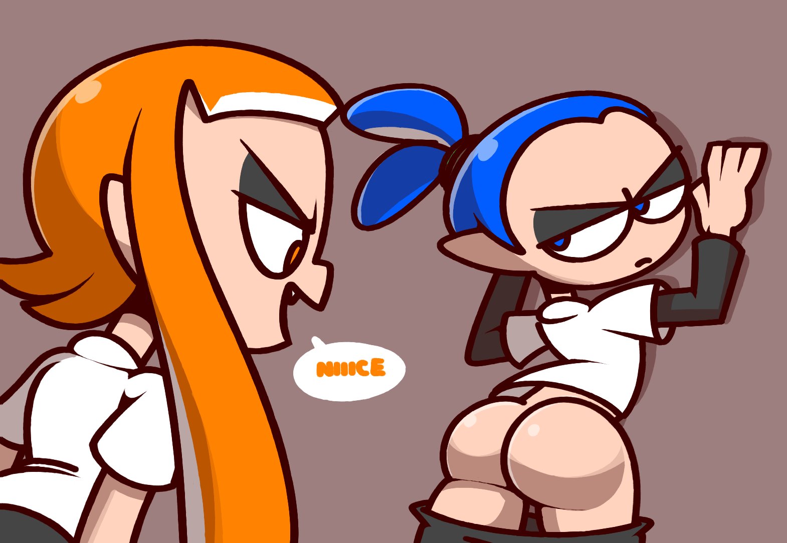 1boy, 1girls, against wall, annoyed, anthro, ass, backsack, balls, ballsack, big ass, big butt, blue eyes, blue hair, blue inkling boy, cephalopod, cephalopod humanoid, domination, female, femboy, grey background, half-closed eyes, huge ass, humanoid, inkling, inkling boy, inkling girl, john (splatoon), kaori (splatoon), looking back, male, male ass, male ass focus, male focus, mask (marking), mooning, nintendo, orange eyes, orange hair, orange inkling girl, pants down, pointy ears, presenting, shirt, simple background, speech bubble, splatoon, splatoon (series), squid, straight, submissive male, tentacle, tentacle hair, testicles, tied hair, topknot, uncensored, undershirt, vilepluff, white shirt, wide hips