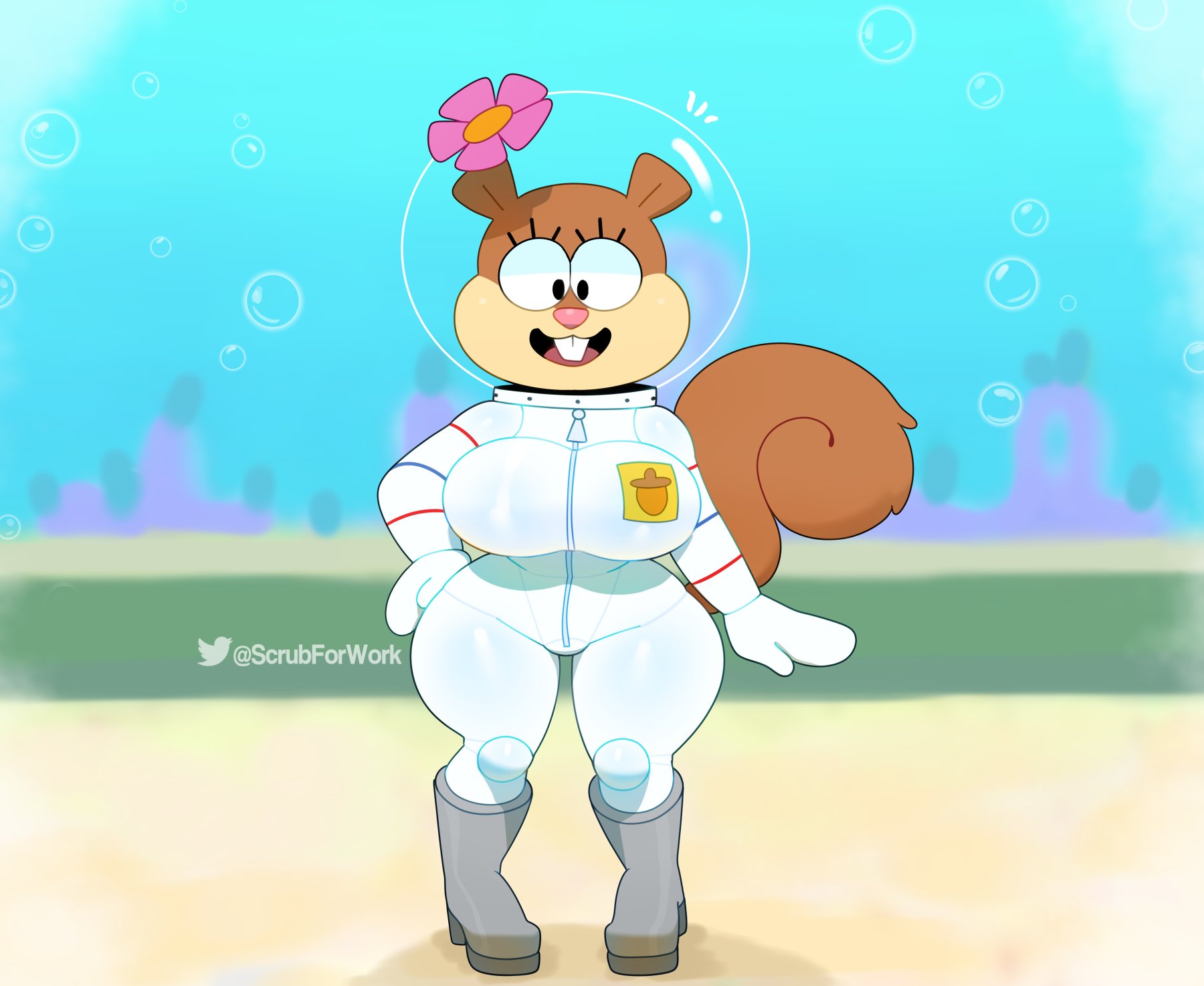 1girls, big breasts, breasts, drysuit, female, female only, helmet, sandy cheeks, smile, smooth skin, somescrub, spongebob squarepants, standing, tagme, thick thighs