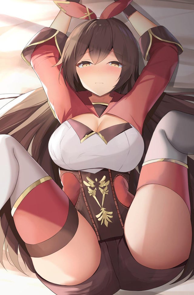 1girls, amber (genshin impact), artist request, blush, boots, brown hair, female, genshin impact, long hair, spread legs, yellow eyes