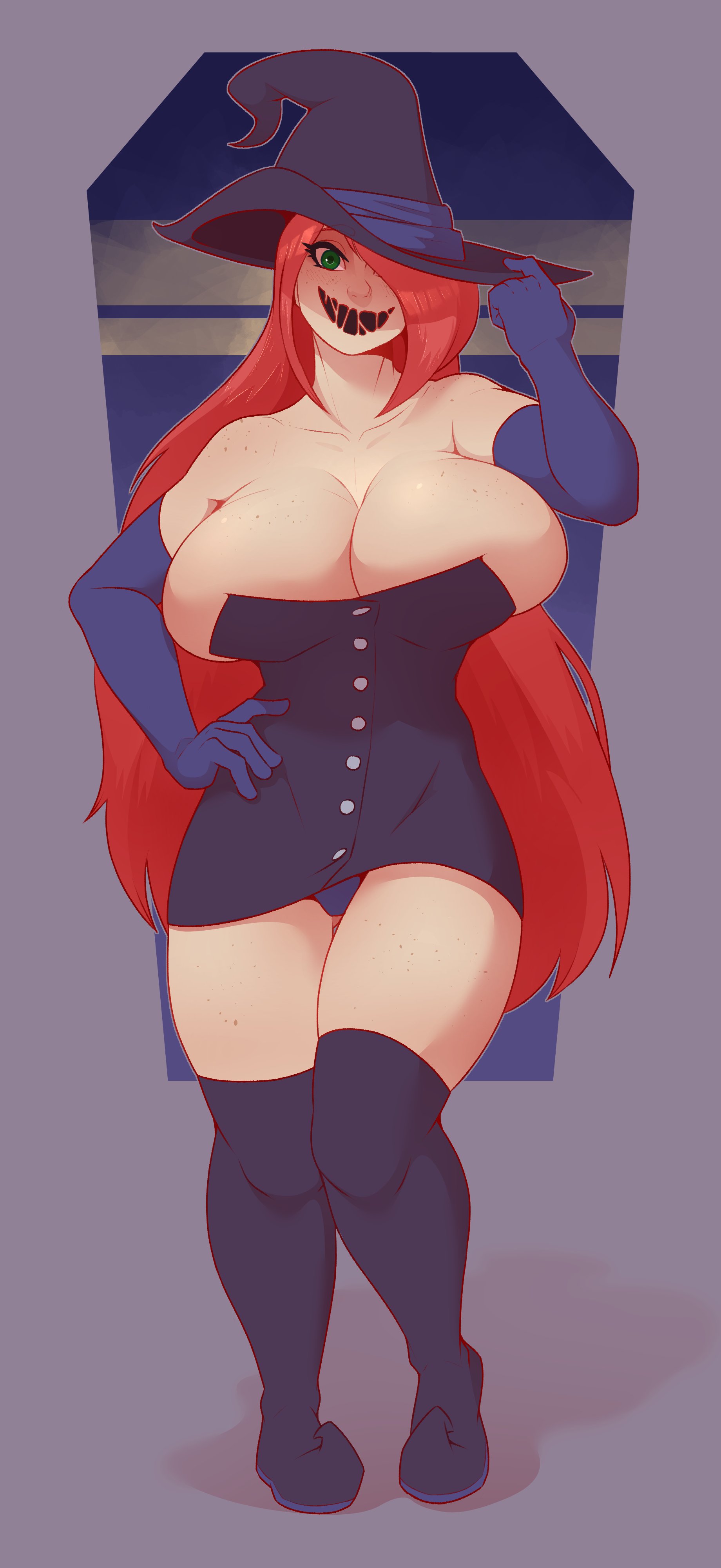 1girls, big breasts, breasts, cleavage, dabble, female, female only, huge breasts, large breasts, mia (sleeplesscreeper), panties, solo, thick thighs, thighhighs, wide hips, witch hat