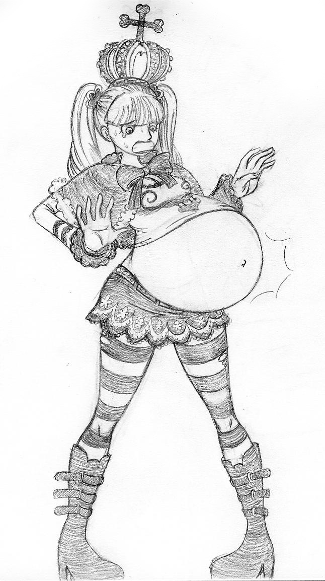 axel-rosered, belly, belly button, female, female only, huge belly, midriff, miniskirt, navel, one piece, pencil (artwork), perona, popped button, pregnant, ready to pop, shocked, surprised, teary eyes